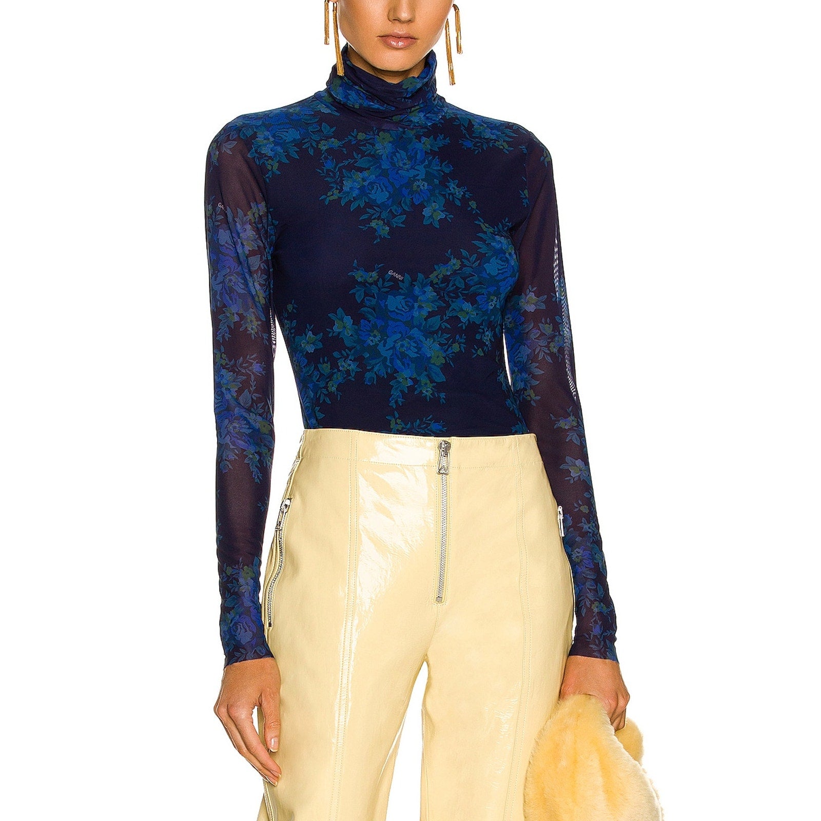 Ganni 'Printed' Blue Turtleneck Mesh Top Size 34
