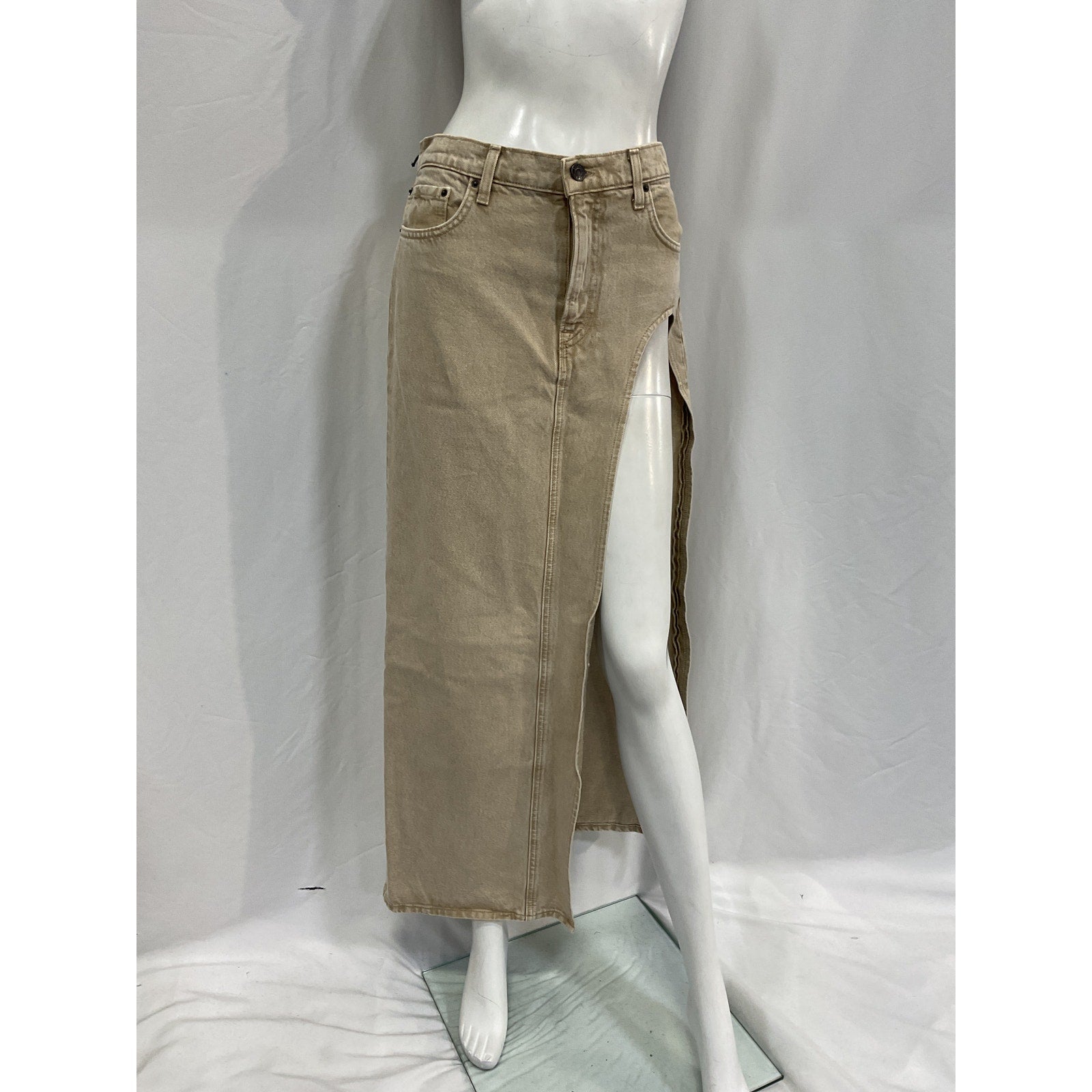 Grlfrnd 'Blanca' Tan Cotton Maxi Skirt With High Slit Size 27 - NWT
