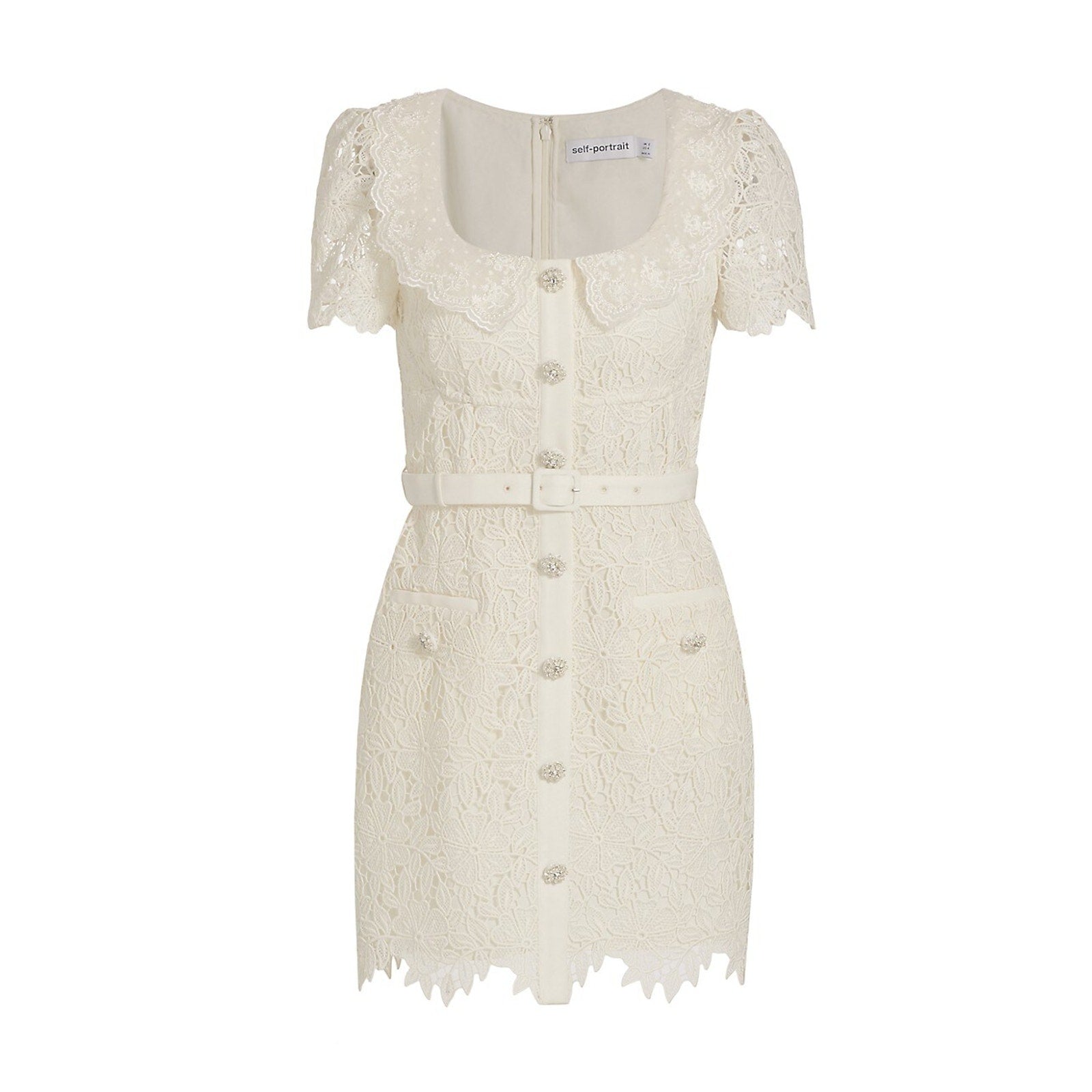 Self-Portrait 'Guipure' White Lace Short Sleeve Belted Minidress Size 6