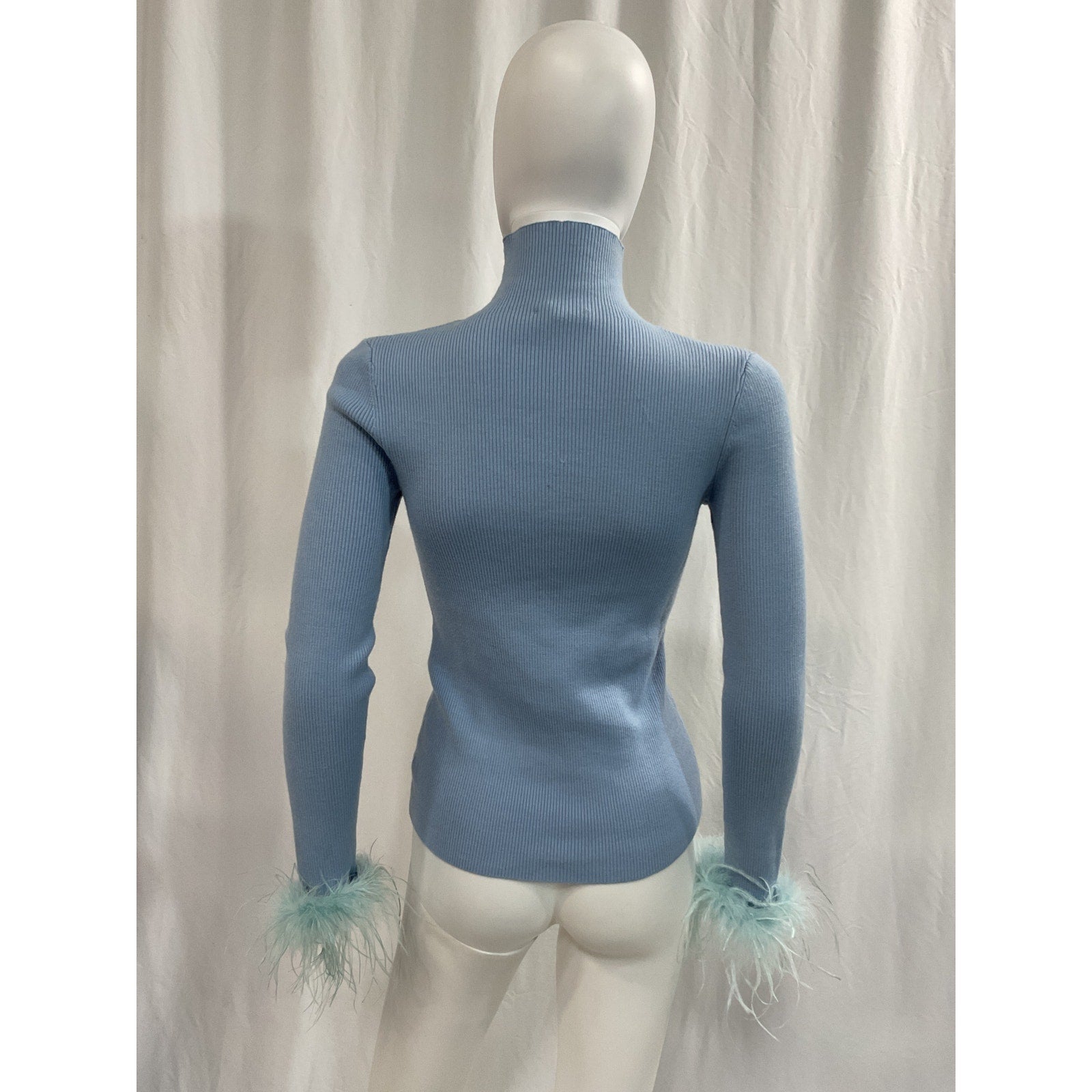 Maje 'Manuplume' Blue Mockneck Ribbed Feather Cuff Sweater Size 2