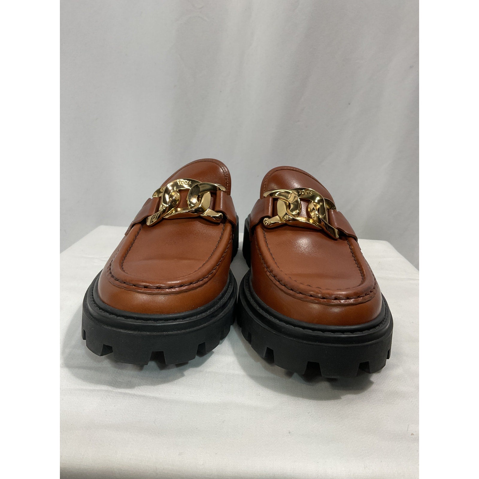 Tod's 'Gomma' Brown Pesante Gold Chain-Embellished Leather Mules Size 9