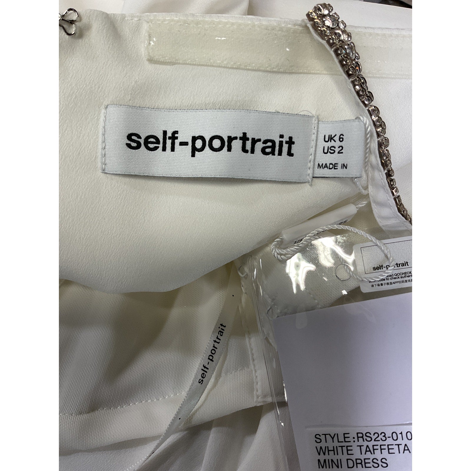Self-Portrait 'Flared' White Crystal Embellished Sateen Mini Dress Size 2 - NWT
