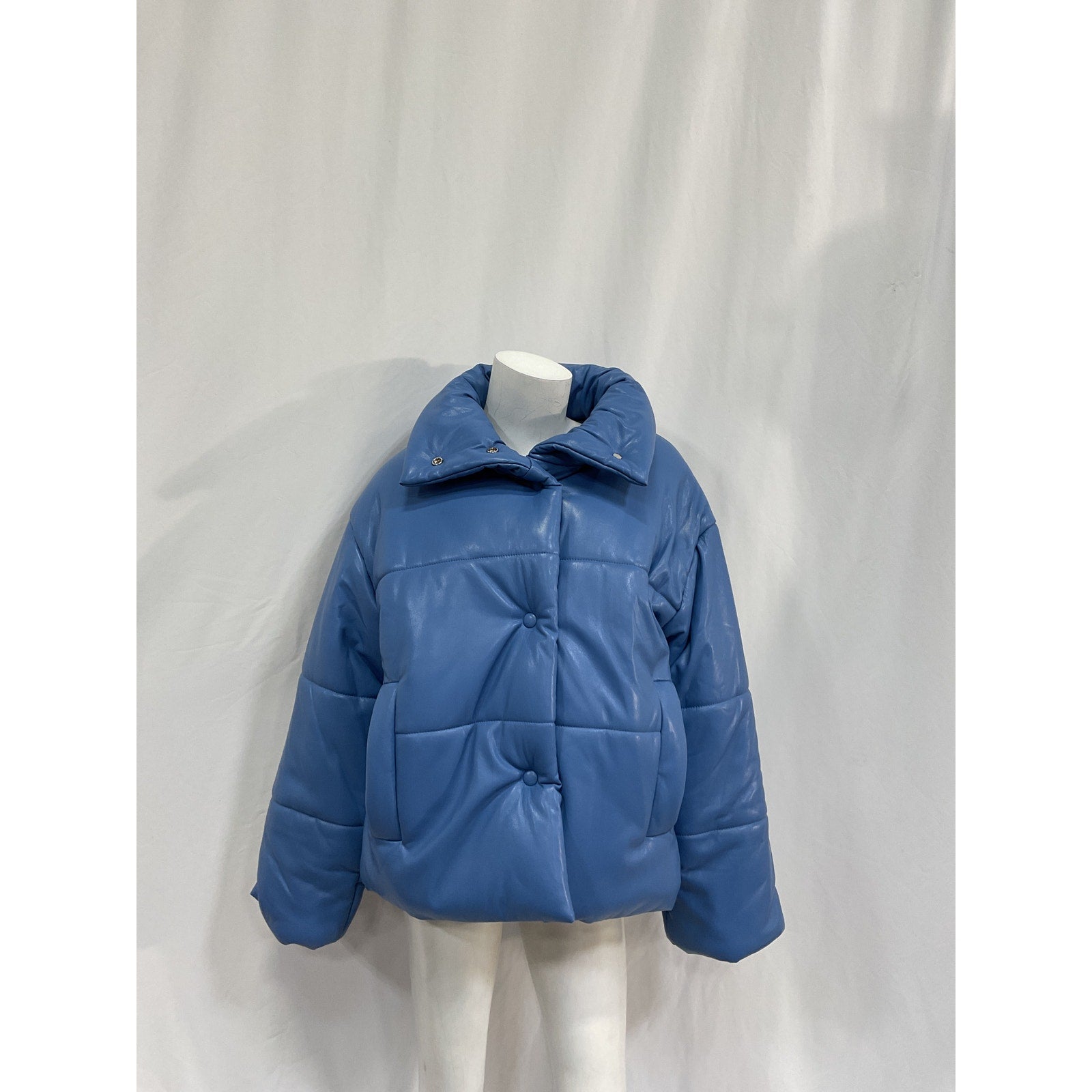 Nanushka Hide Quilted Blue Polyurethane Padded Vegan Leather Jacket Size L - NWT