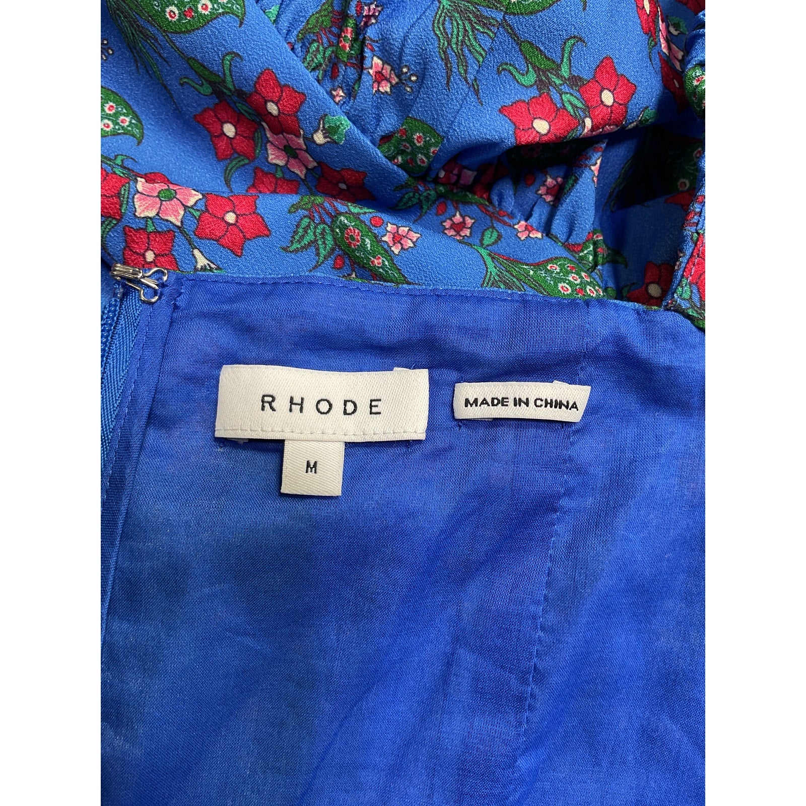 Rhode 'Mina' Blue Polyester Draped Floral-Print Crepe De Chine Mini Dress Size M
