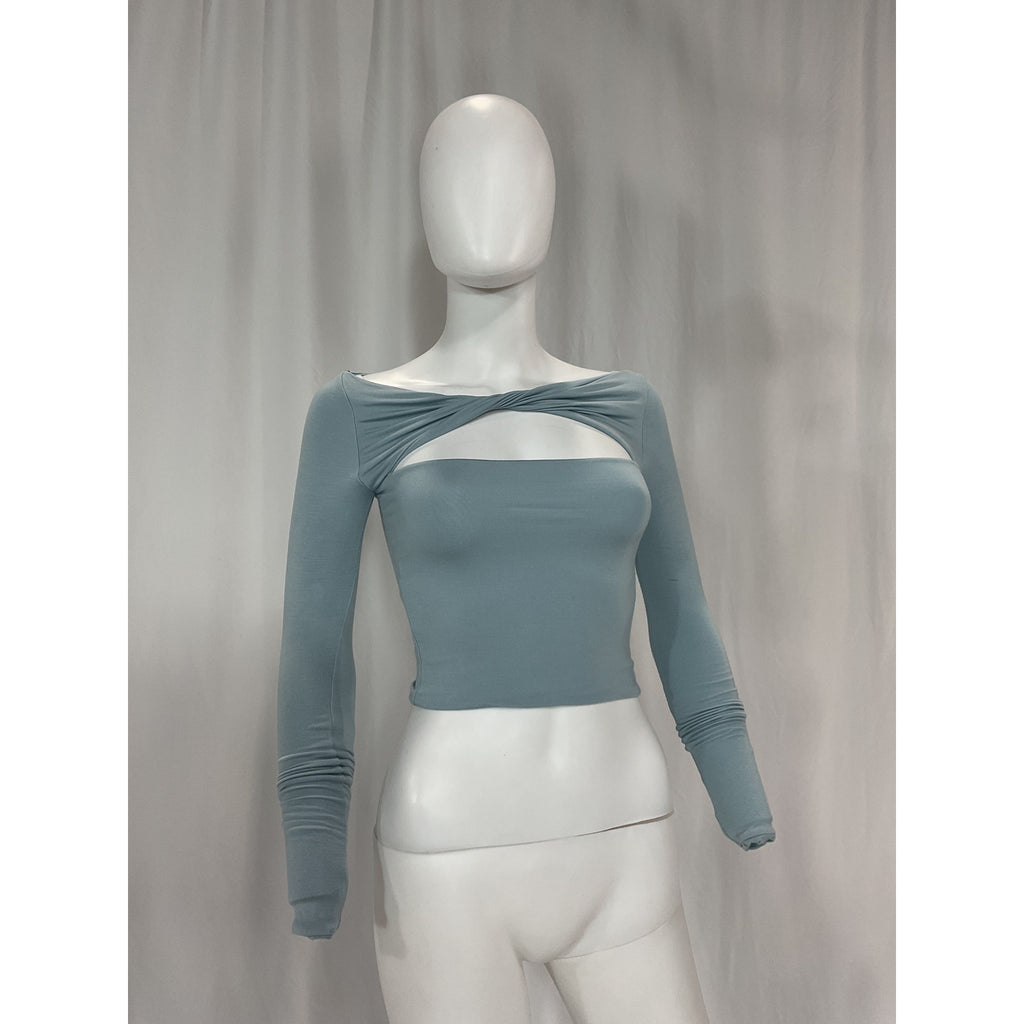 Ser.O.Ya 'Artemis' Blue Long Sleeve Cotton Chest Cut Out Off Shoulder Top Size XXS