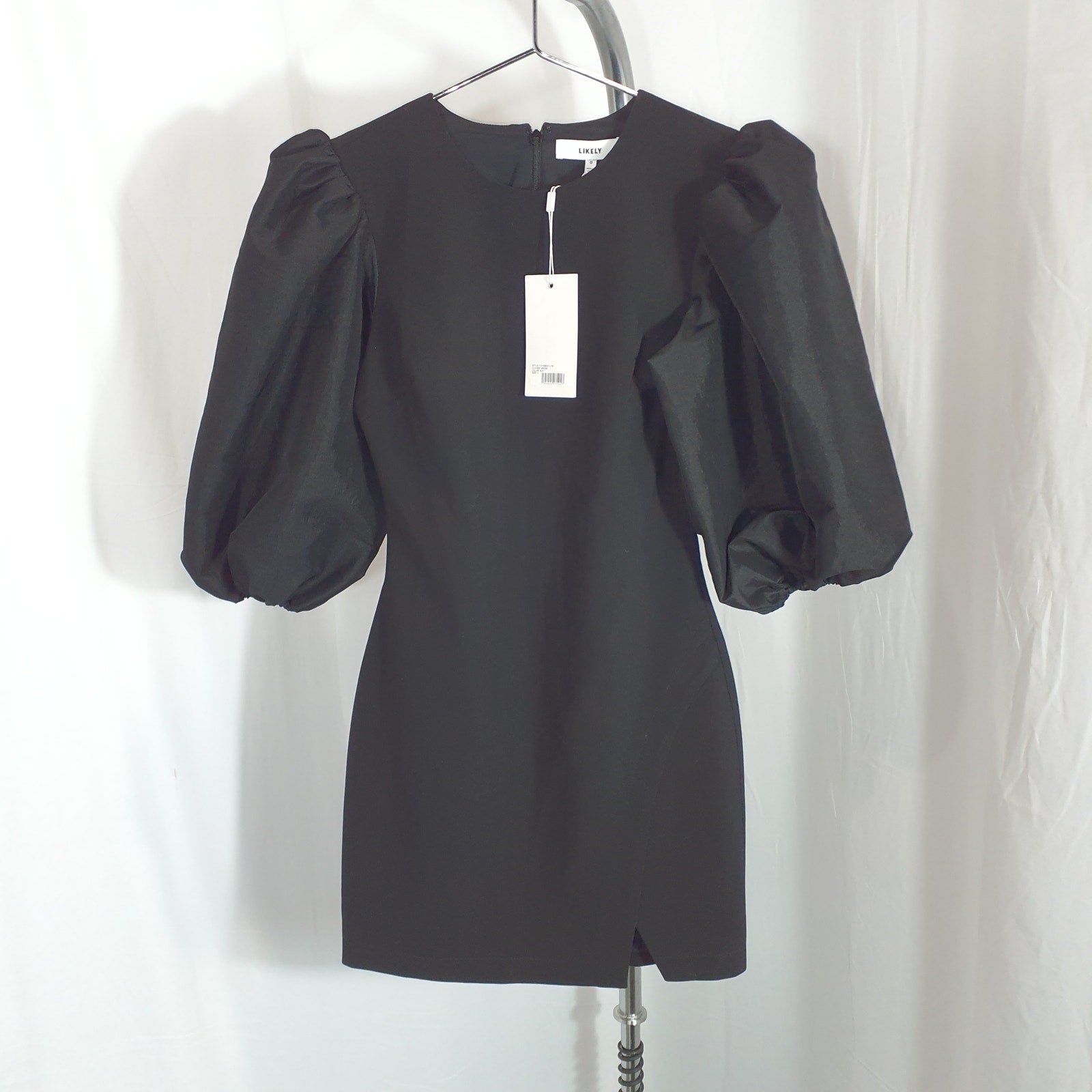 Likely 'Clover' Black Puff Sleeve Sateen Jewel Neck Dress Size 0 - NWT