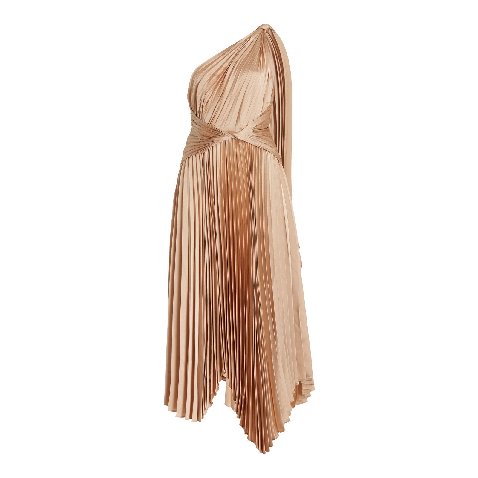 Acler 'Kalora' Tan Polyester Pleated Satin One-Shoulder Midi Dress Size 6