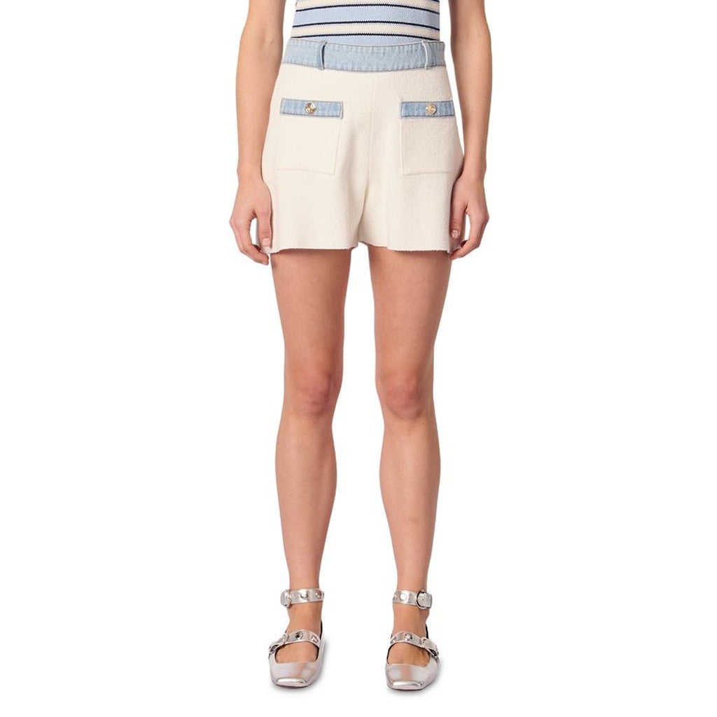 Maje Denim Trim Knitted White Cotton Shorts Size 36