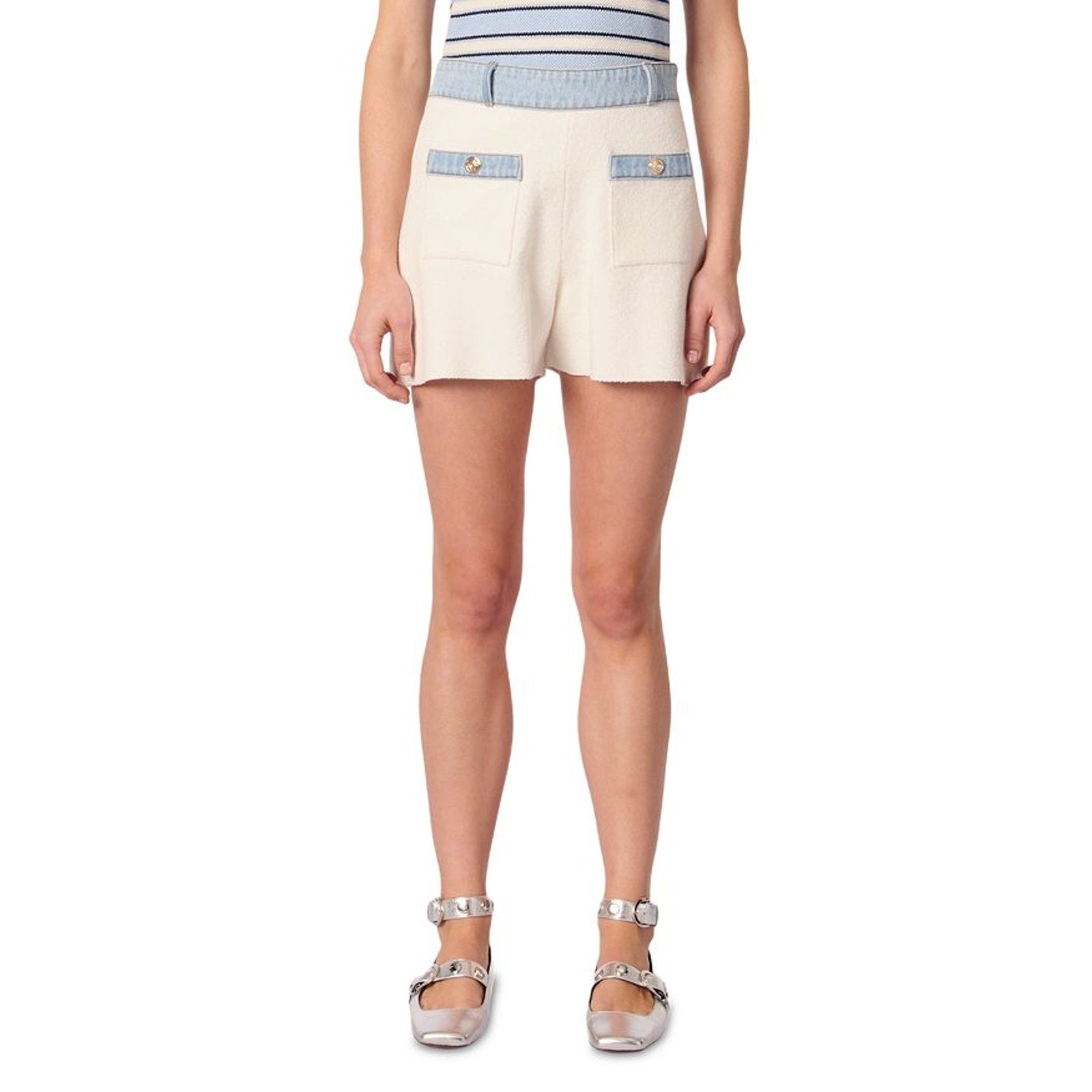 Maje Denim Trim Knitted White Cotton Shorts Size 36