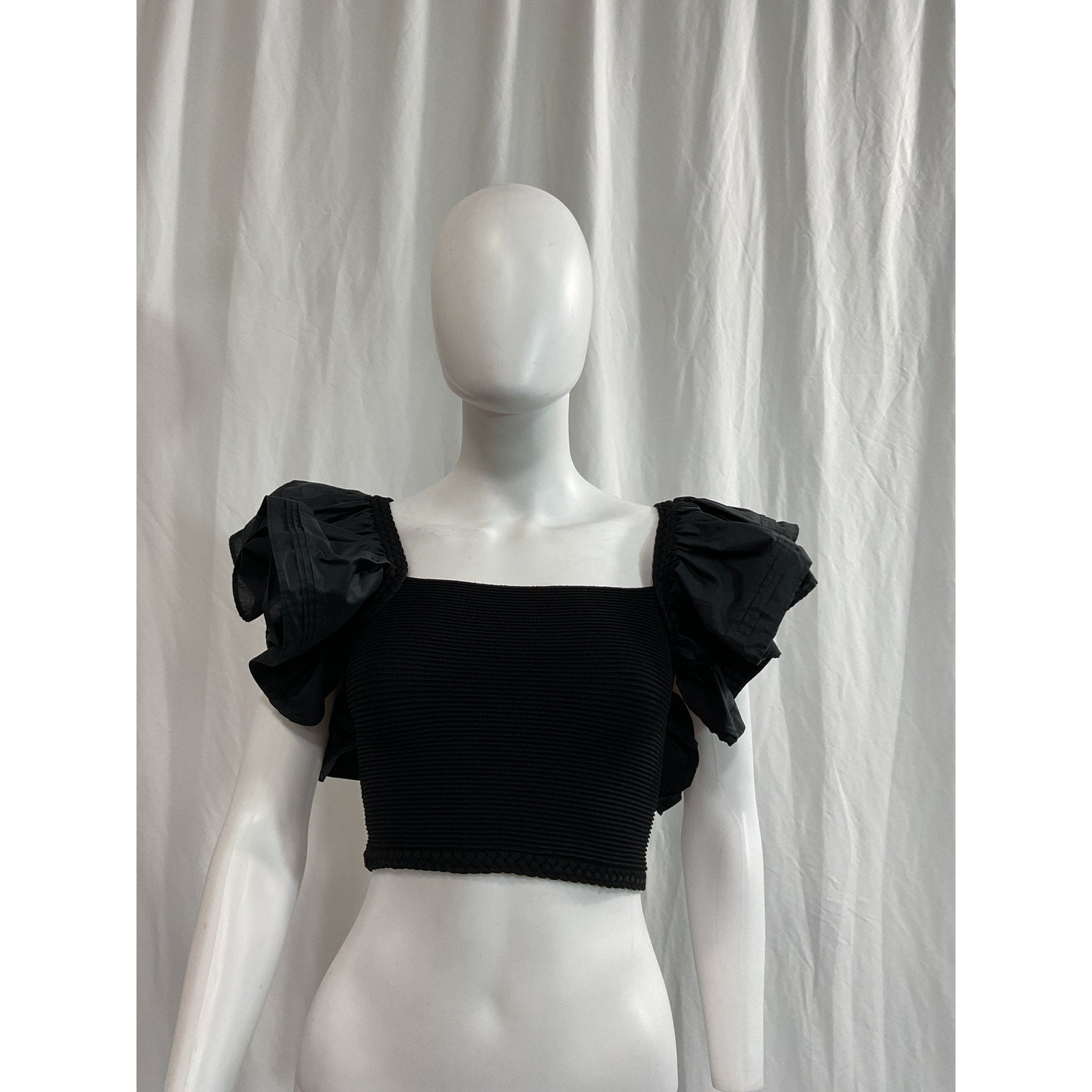Aje 'Corinne' Black Poplin Square Neck Ruffled Knit Crop Top Size XXS