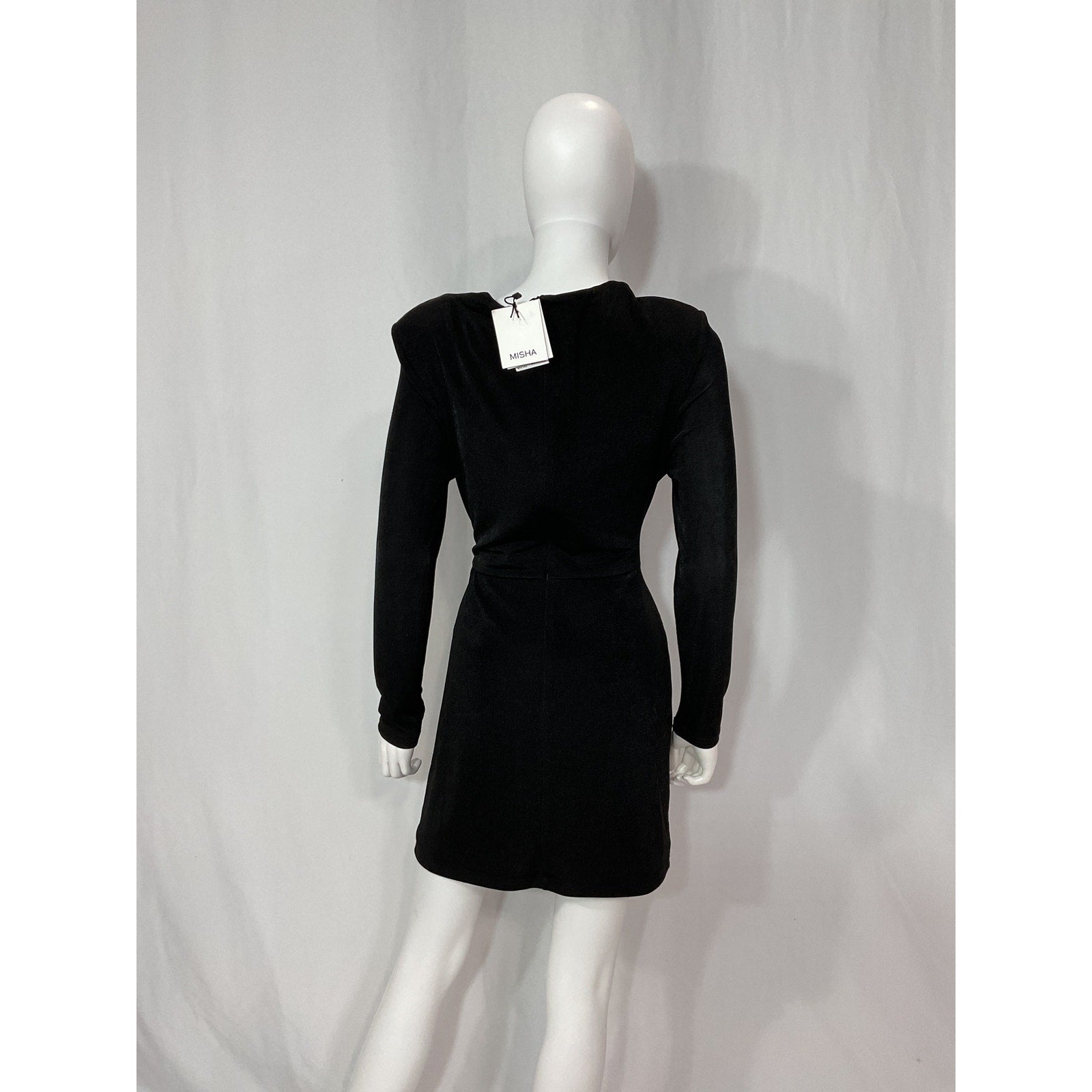 Misha 'Gracie' Black Twist Knot Padded Shoulder Sheen Finish Dress Size 10