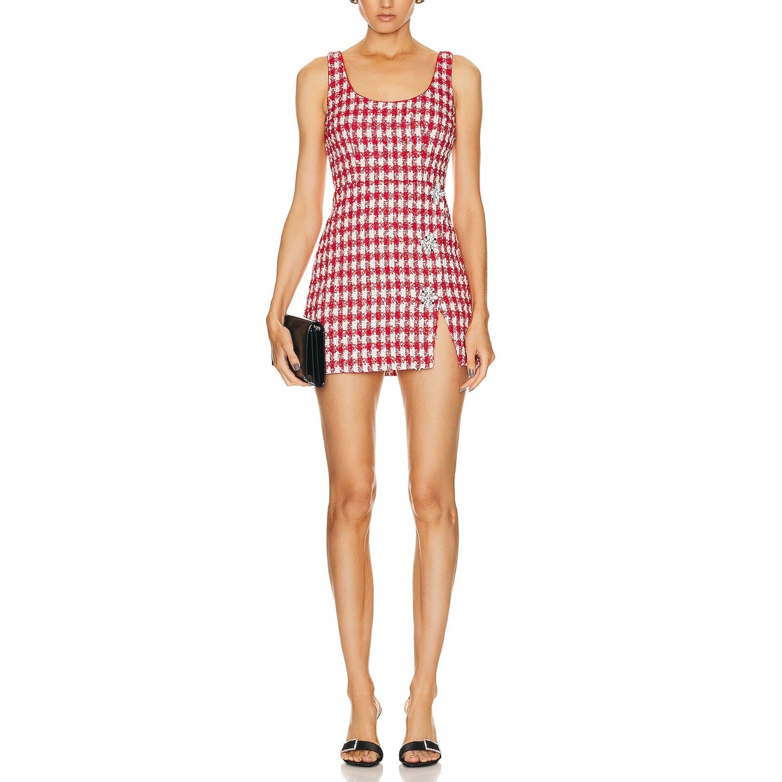 Self-Portrait 'Check' Red Crystal Embellished Boucle Mini Tweed Dress Size 4