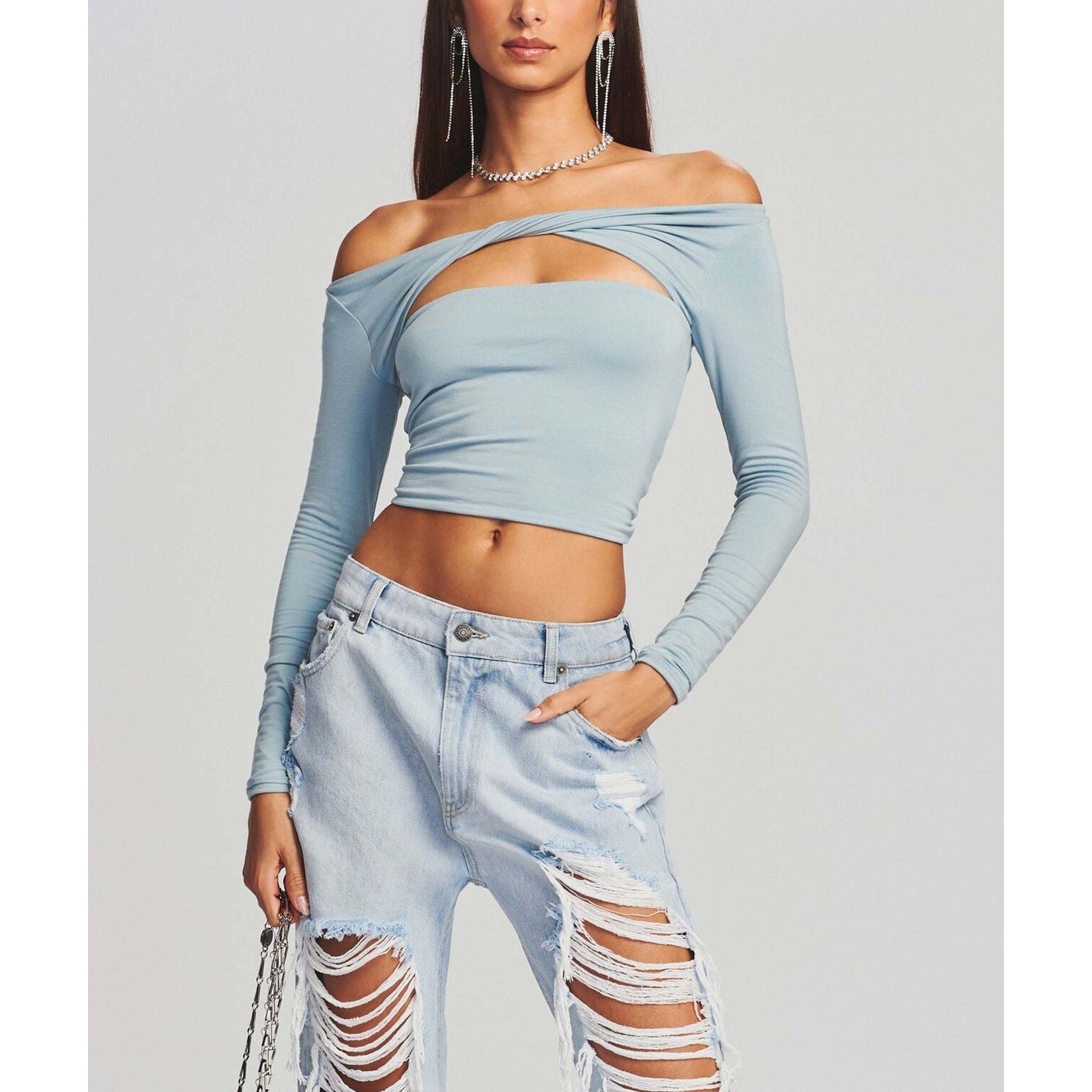 Ser.O.Ya 'Artemis' Blue Long Sleeve Cotton Chest Cut Out Off Shoulder Top Size XXS
