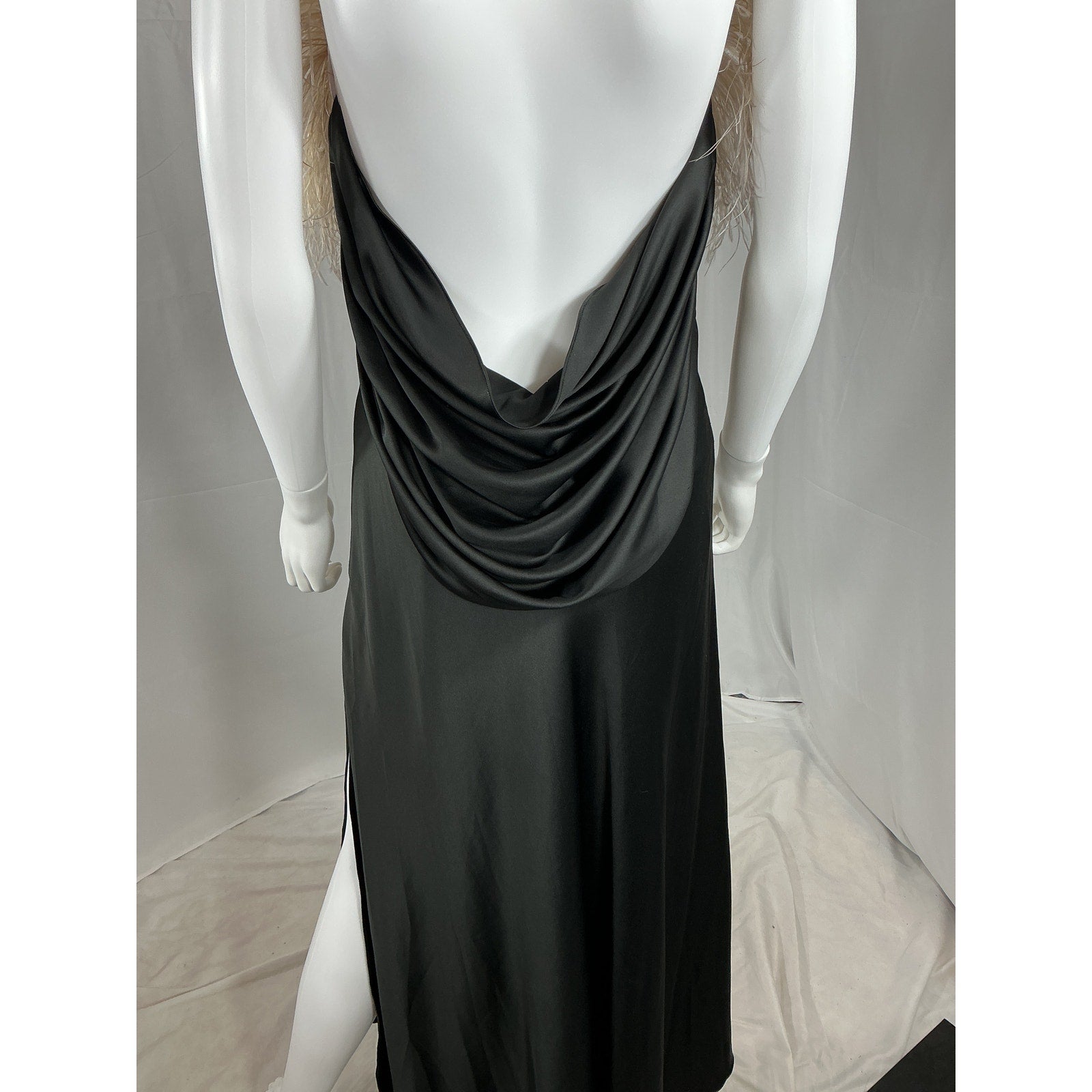 Patbo Feather Trim Black Poly Midi Slip Dress Size 4