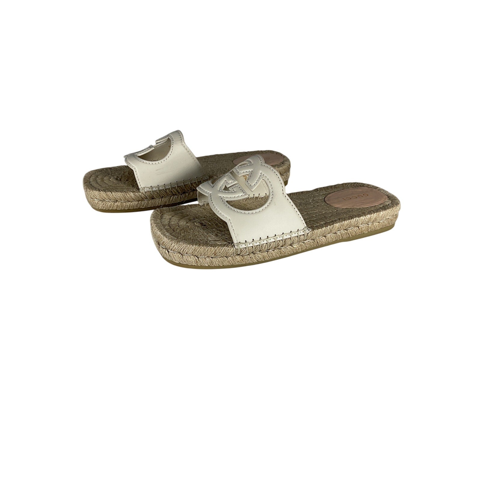 Gucci Interlocking G White Leather Cut Out Slide Sandals Size 7.5