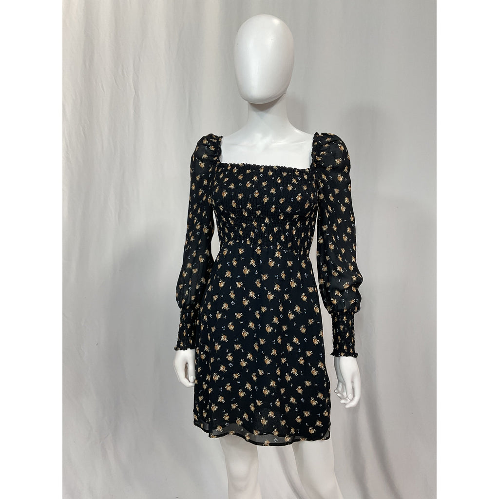 Maje 'Shirred' Black Floral-Print Crepe Mini Dress Size S