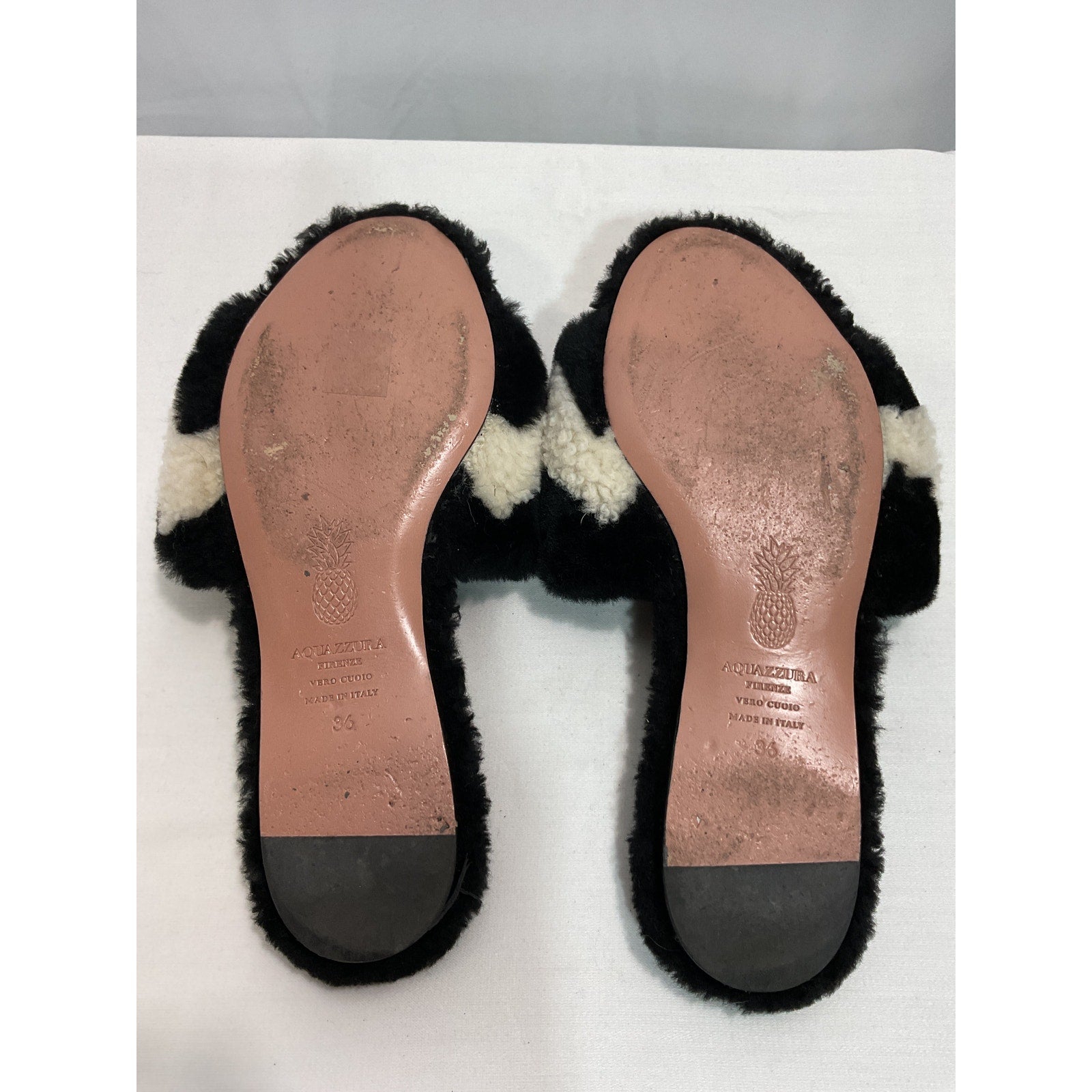 Aquazzura 'Nomade' Black Shearling Chevron Slides Size 6