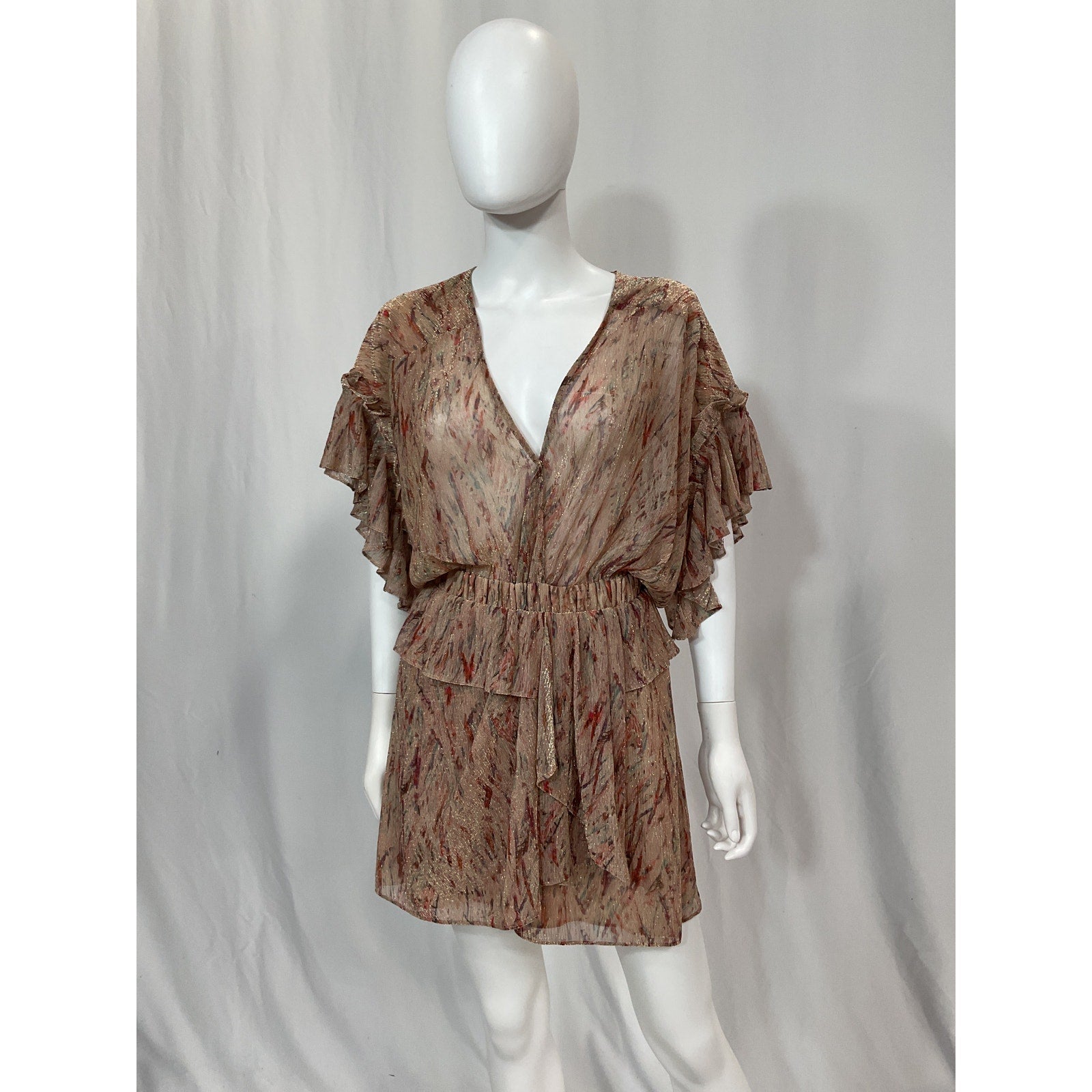 Iro 'Buoux' Pink Metallic Print Ruffle Flutter Sleeve V-Neck Mini A-Line Dress Size 4