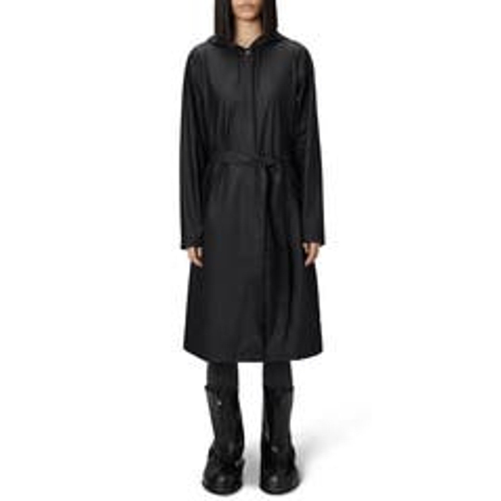 Rains Waterproof A-Line Black Polyester Long Raincoat Size M