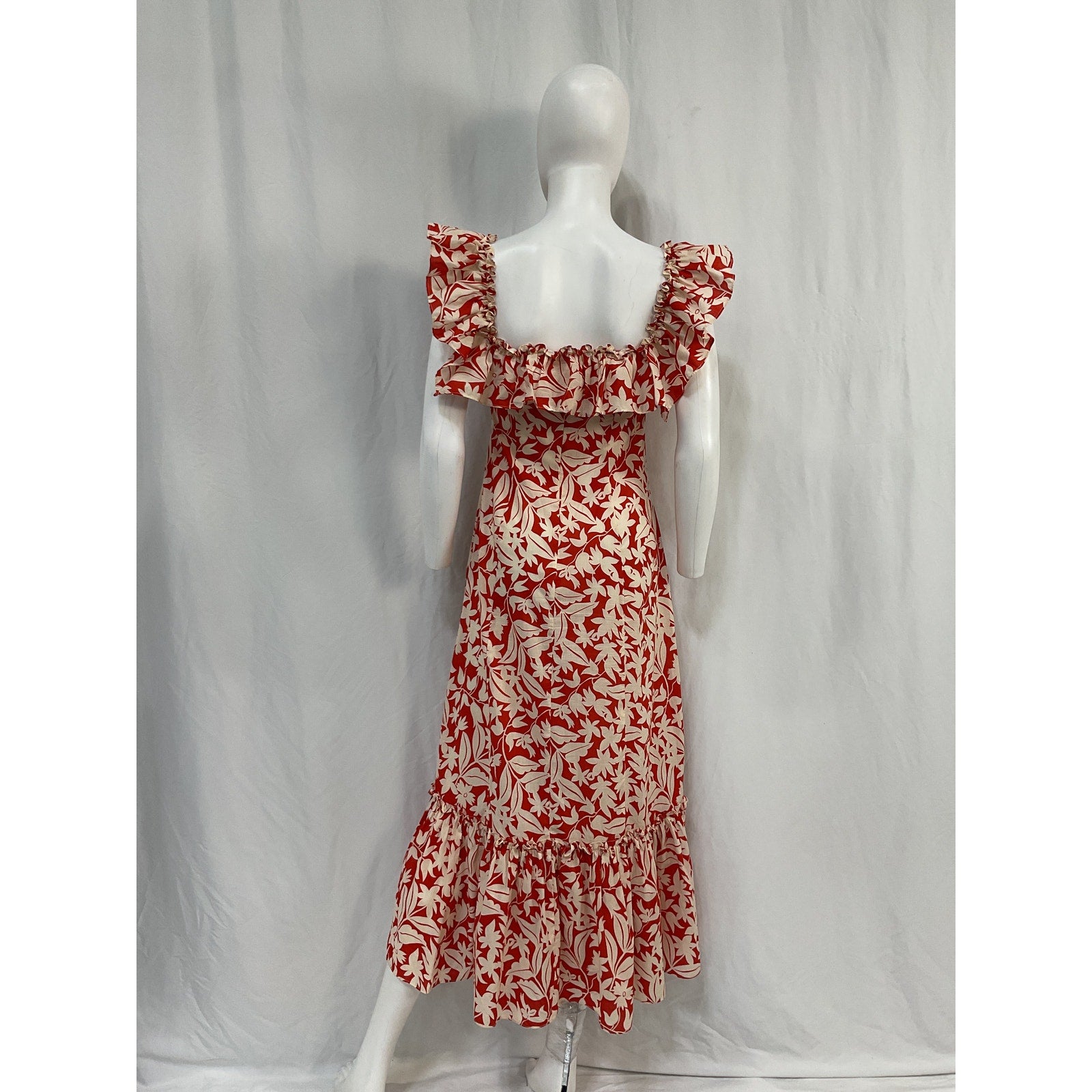 Rixo June Ruffled Red Cotton Floral-Print Cotton-Voile Midi Dress Size 2
