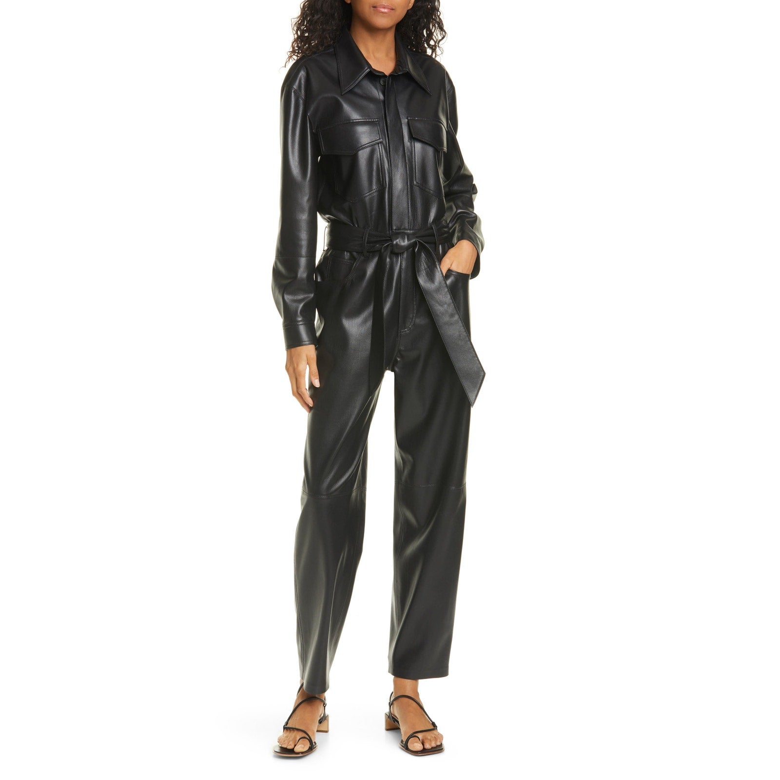 Nanushka 'Ashton' Black Faux Leather Long Sleeve Jumpsuit Size M