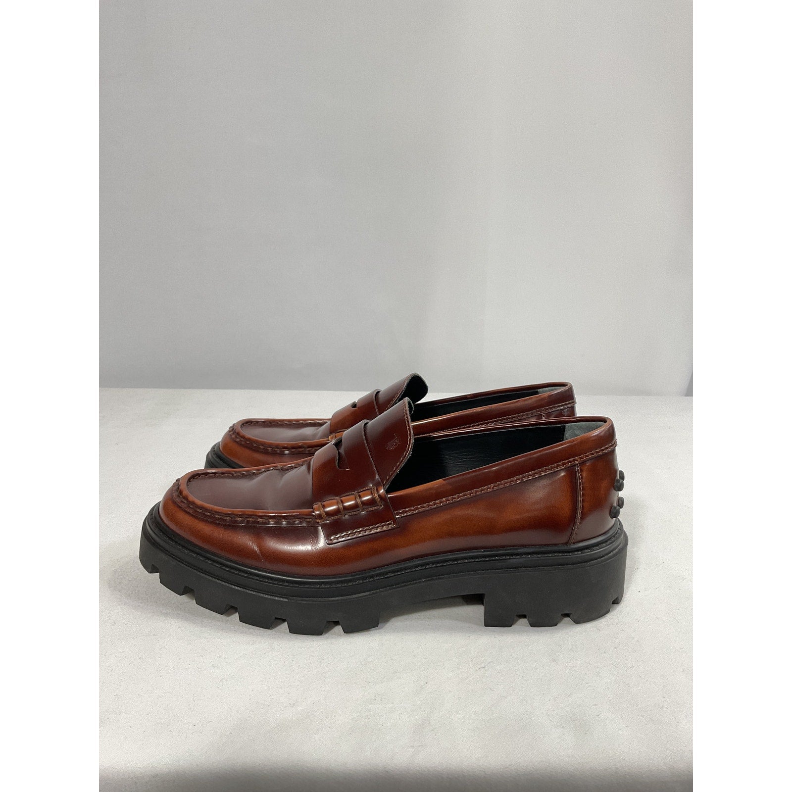 Tod's 'Gomma' Brown Leather Pesante Lug-Sole Penny Loafers Size 7.5