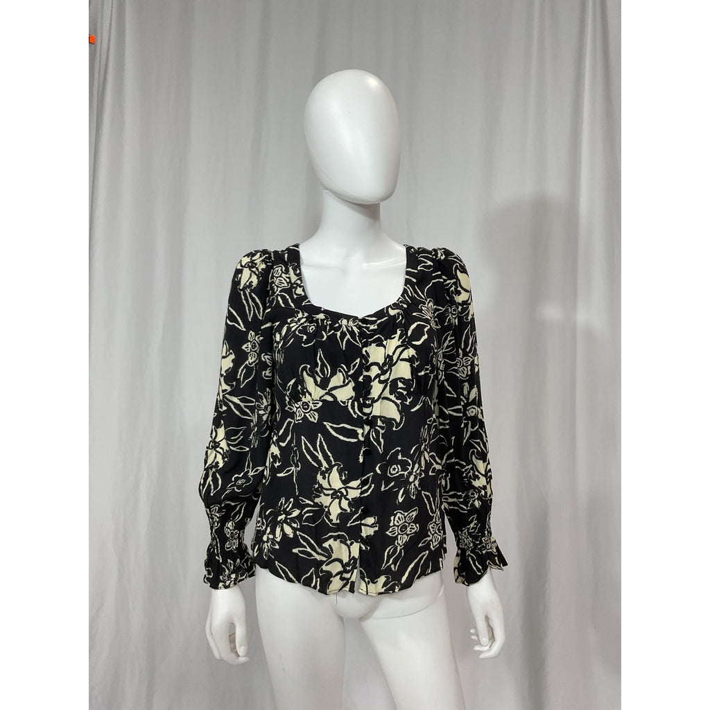 Ba&Sh 'Sessee' Black Floral Print Three Quarter Sleeve U Neck Button Blouse Size 1
