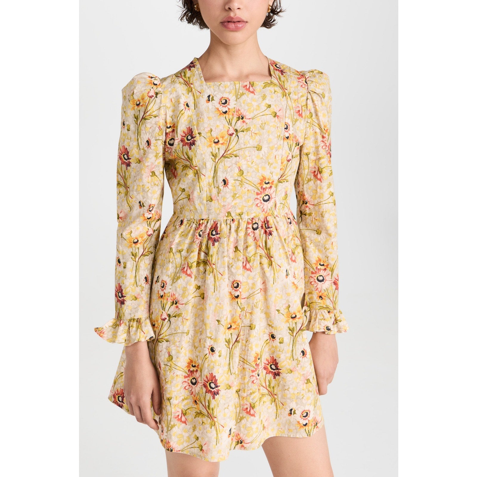 Batsheva 'Prairie' Yellow Floral Print Square Neck Mini Long Puff Sleeve Dress Size 2 - NWT