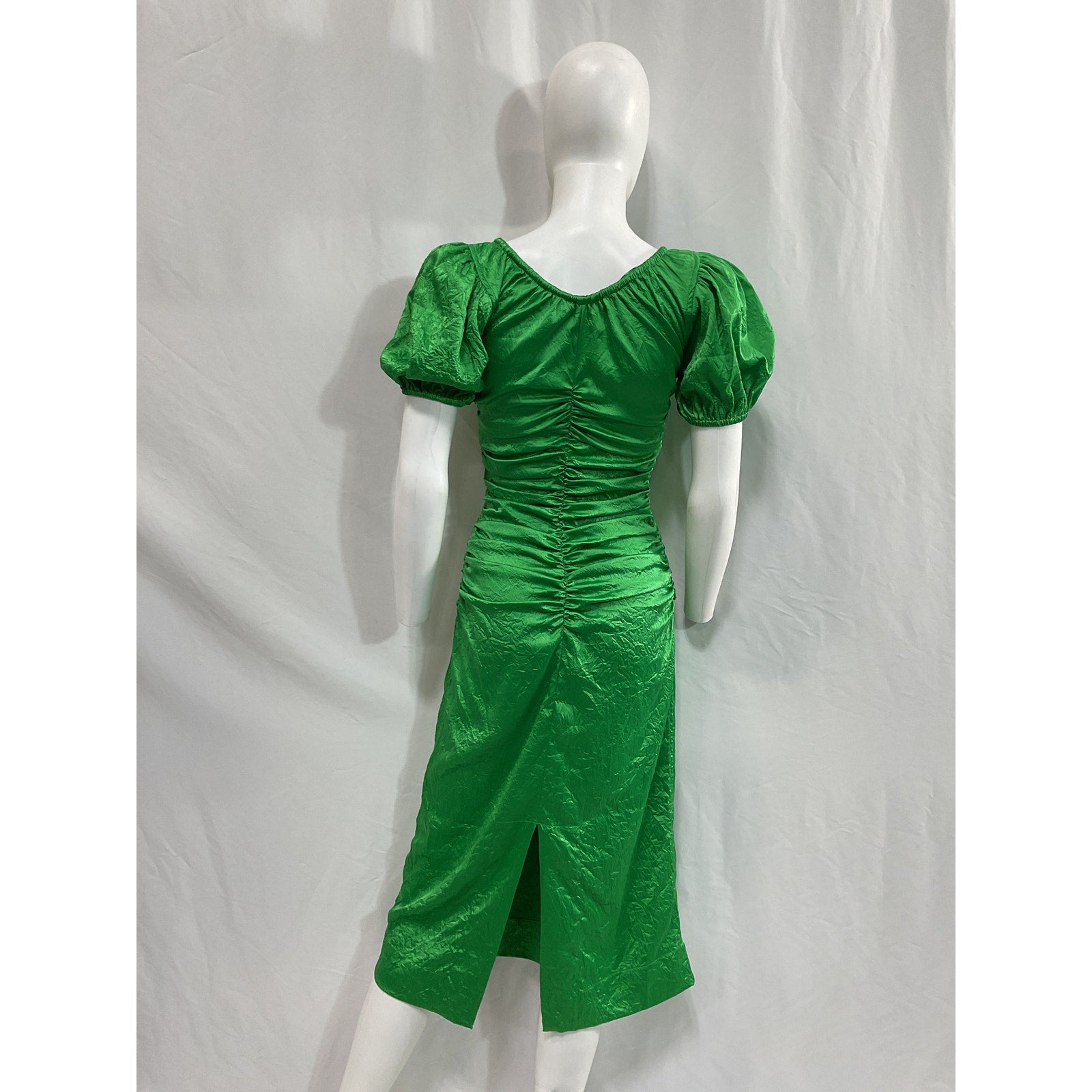 Ganni 'Crinkled' Green Polyester Satin Gathered Midi-Dress Size 36