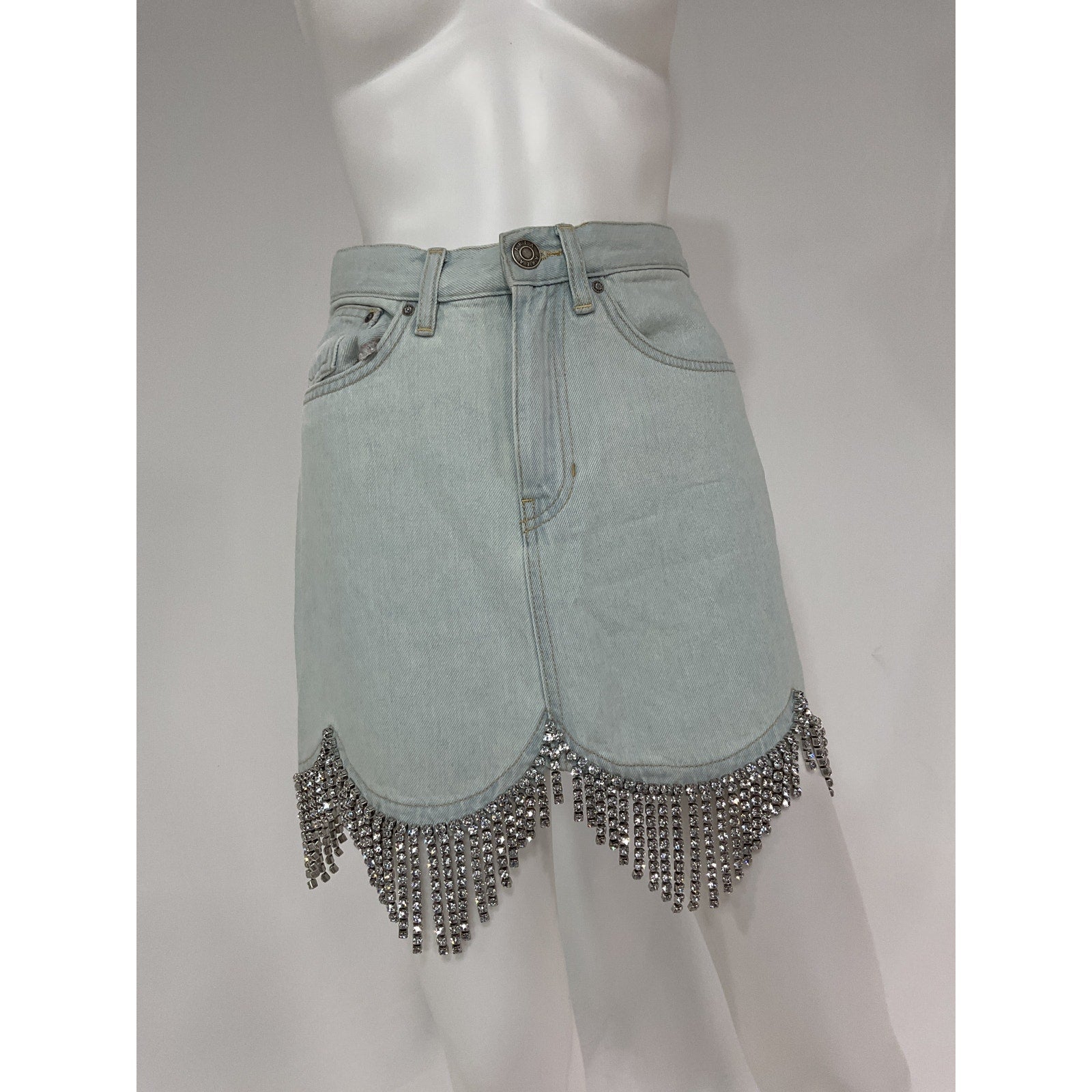 Area Crystal-Embellished Blue Scallop-Trim Skirt Size 26