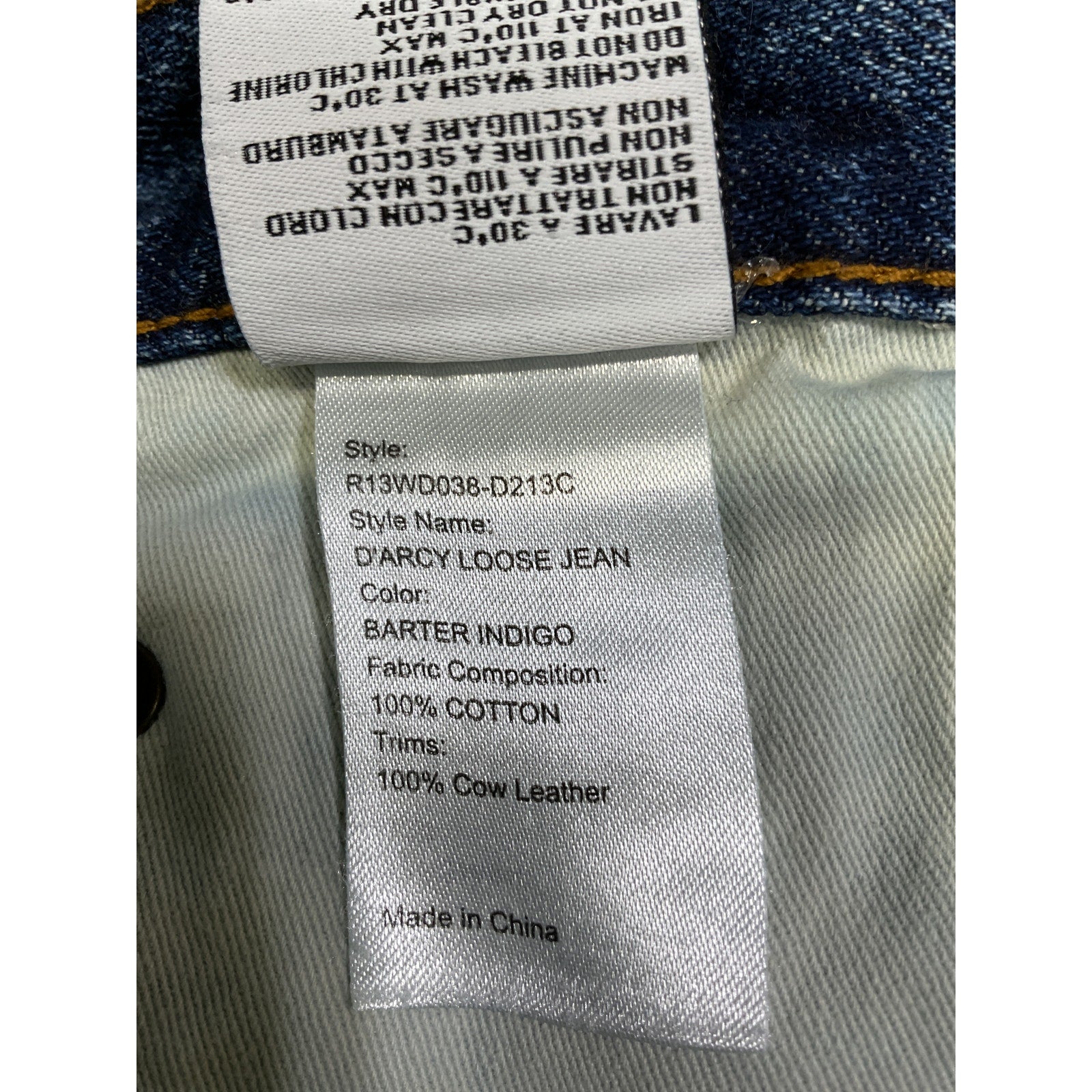 R13 'D'Arcy' Blue Loose Straight Leg Denim Jean Size 26