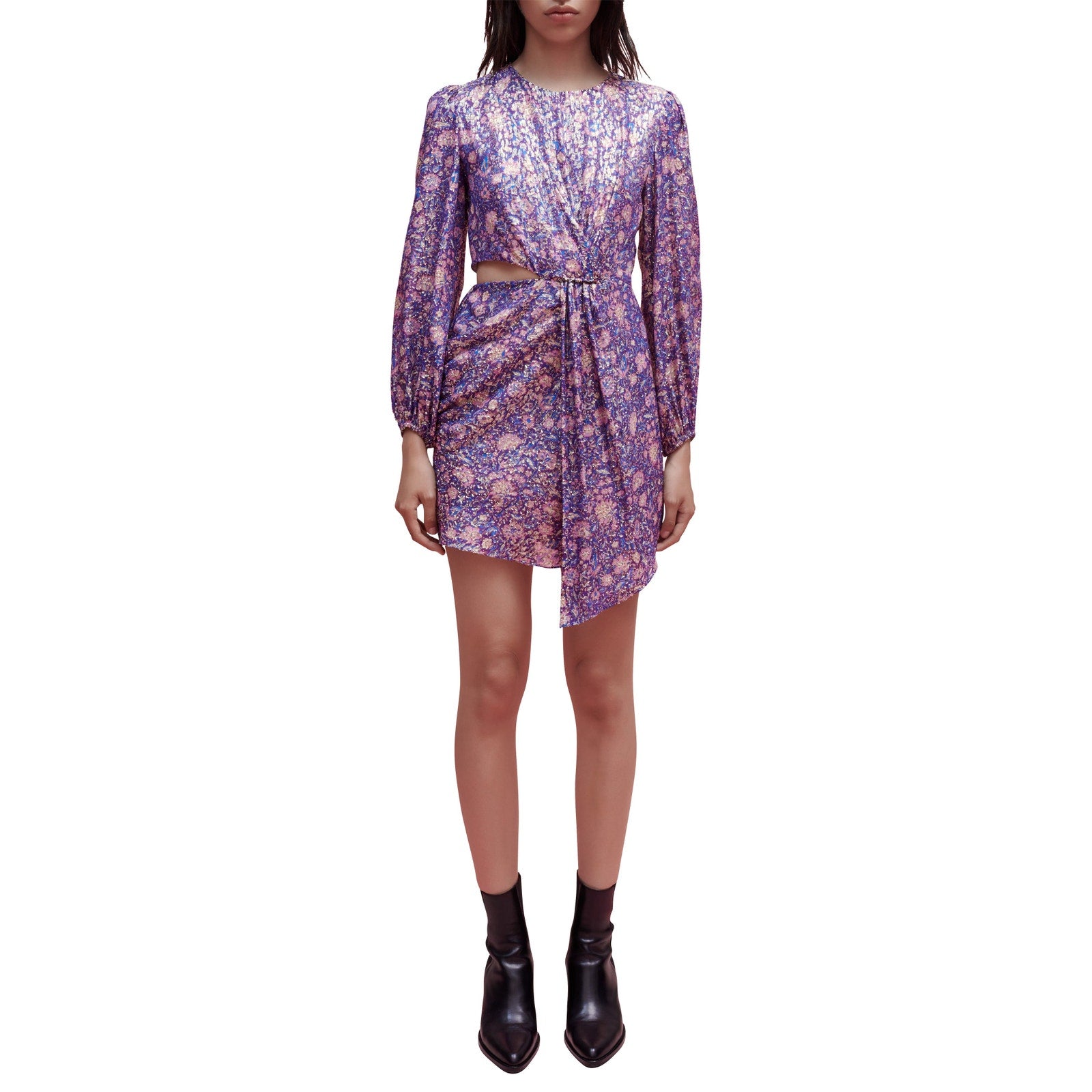Maje 'Roletex' Purple Floral Long Sleeve Satin Cutout Minidress Size 4 - NWT