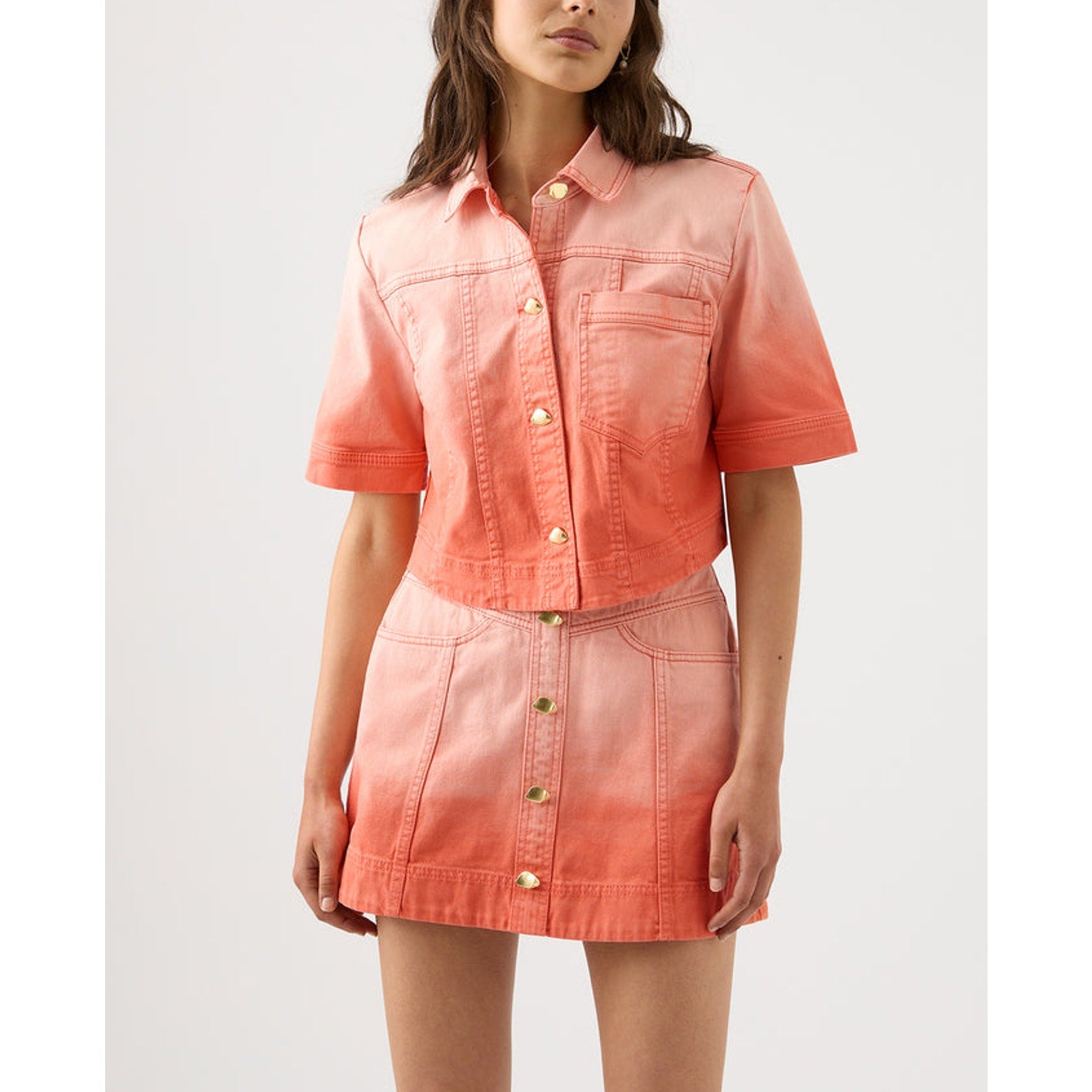 Aje 'Ember' Orange Denim Crop Short Sleeev Shirt Size 8