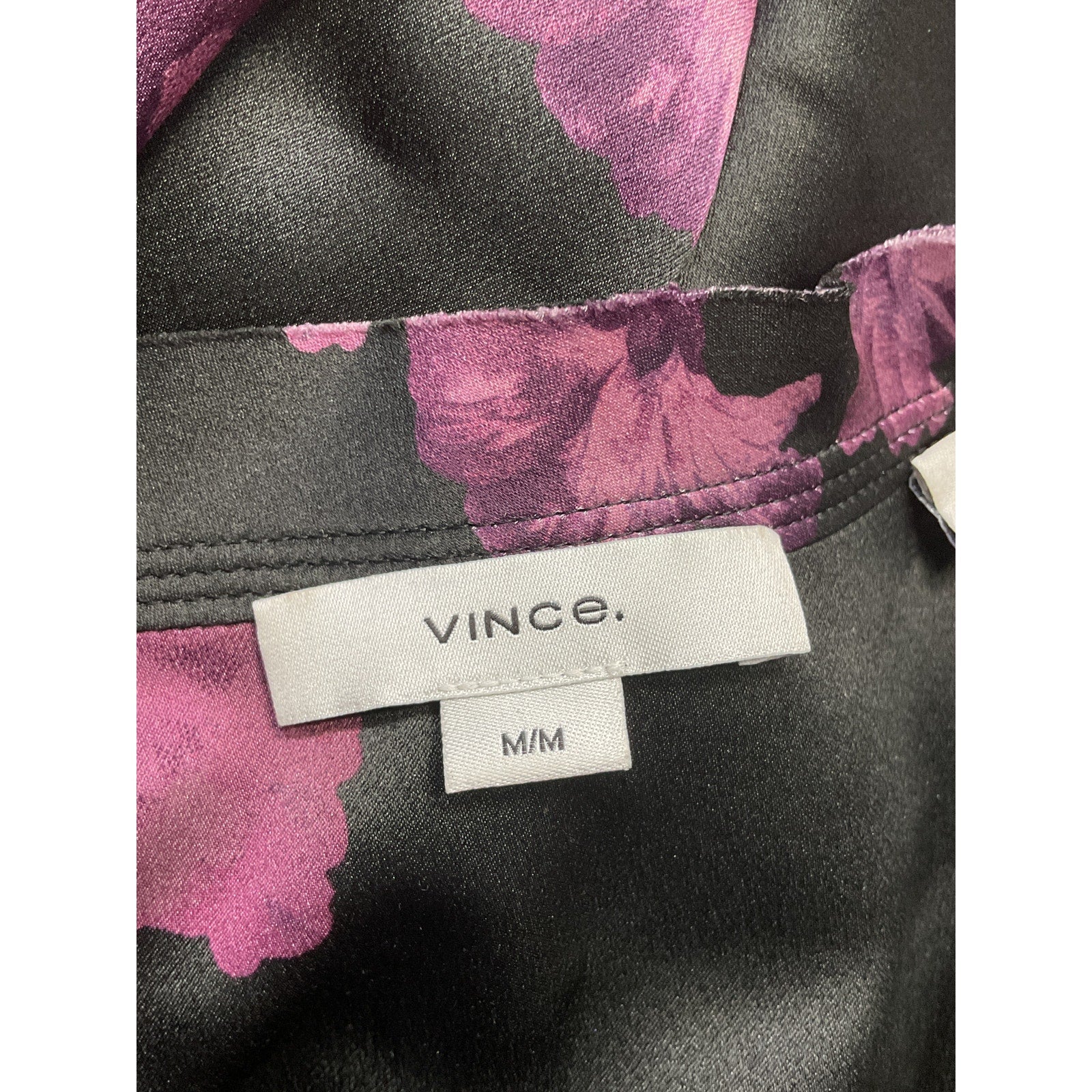 Vince 'Begonia' Black Floral Silk Banded Long Sleeve Collar Shirt Size M