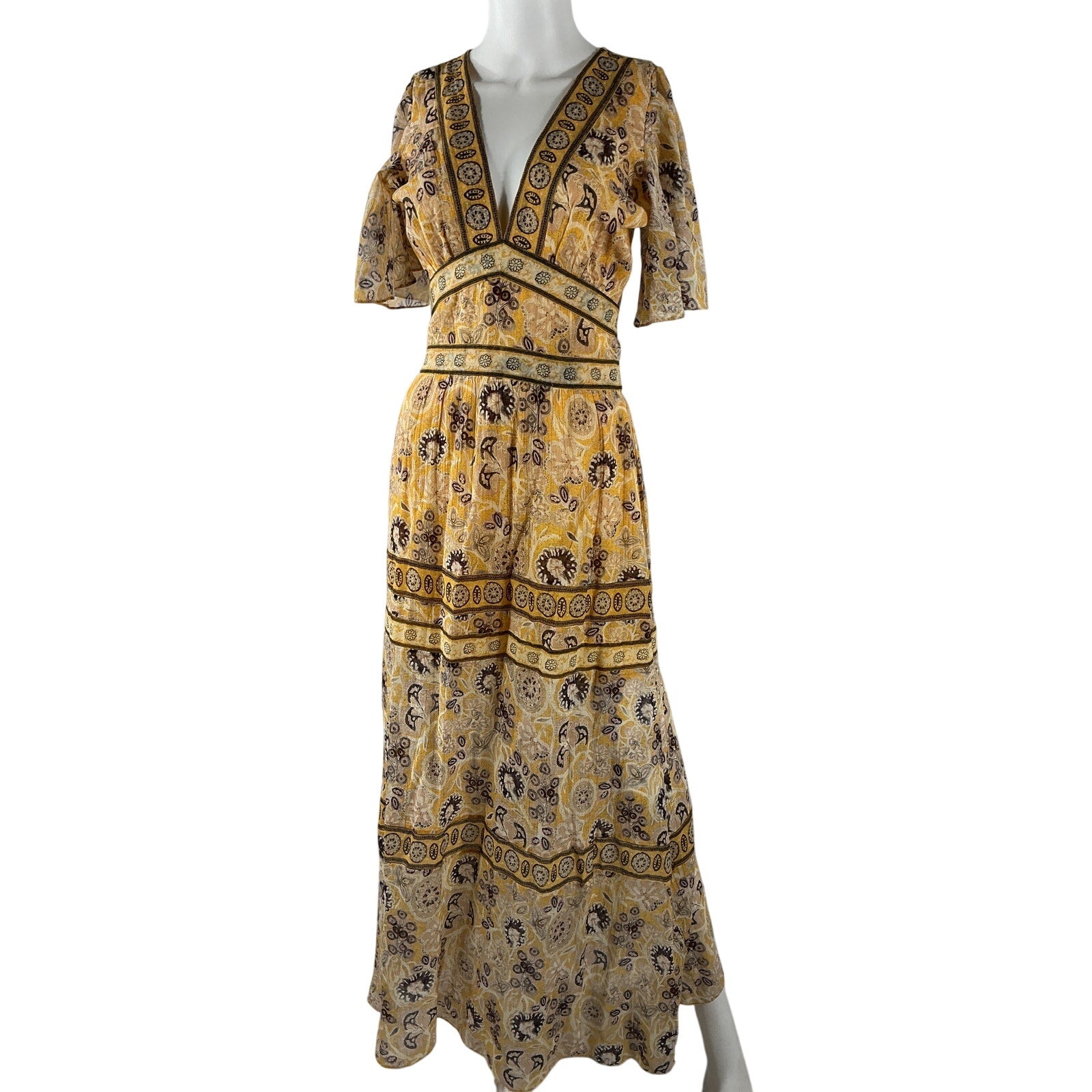 Ba&Sh 'Alia' Yellow Cotton Printed Open Back Maxi Dress Size XS