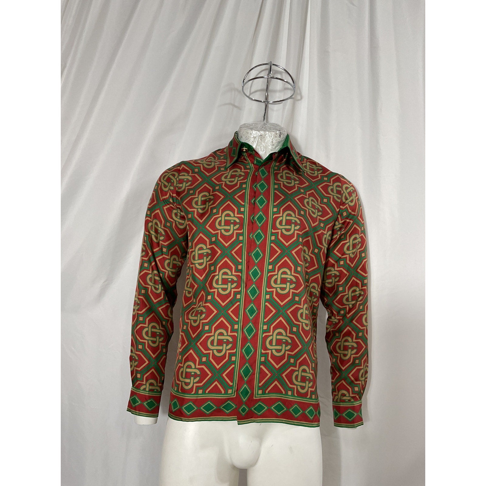 Casablanca 'Diamond' Red Monogram Long Sleeve Collared Silk Shirt Size S