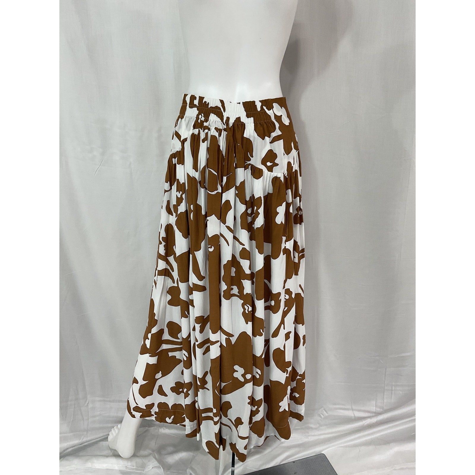 Swf Pleated Abstract Brown Floral Maxi Skirt Size M