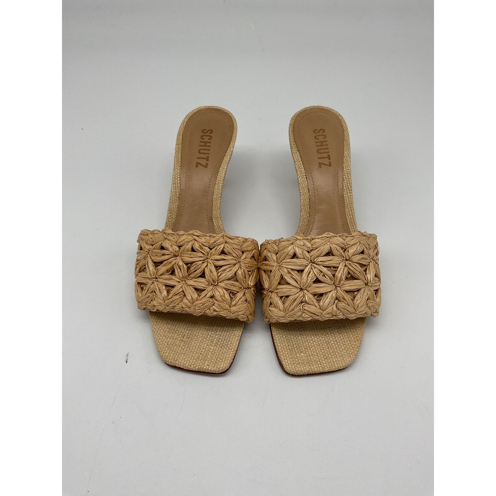 Schutz 'Dethalia' Tan Leather Straw Sandal Size 6.5