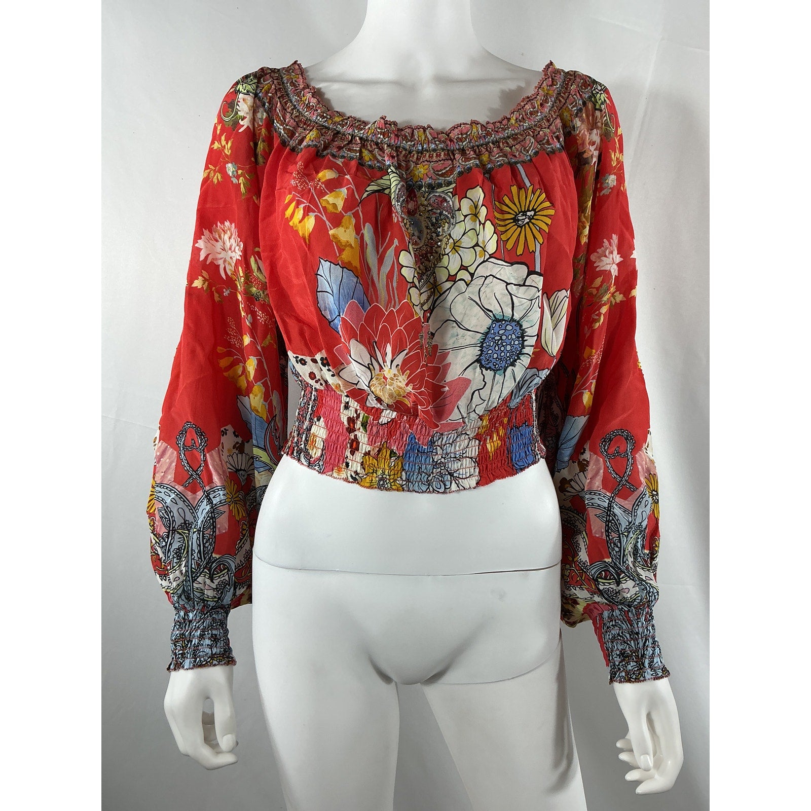 Camilla 'Shirred' Red Silk Waist Top Size L