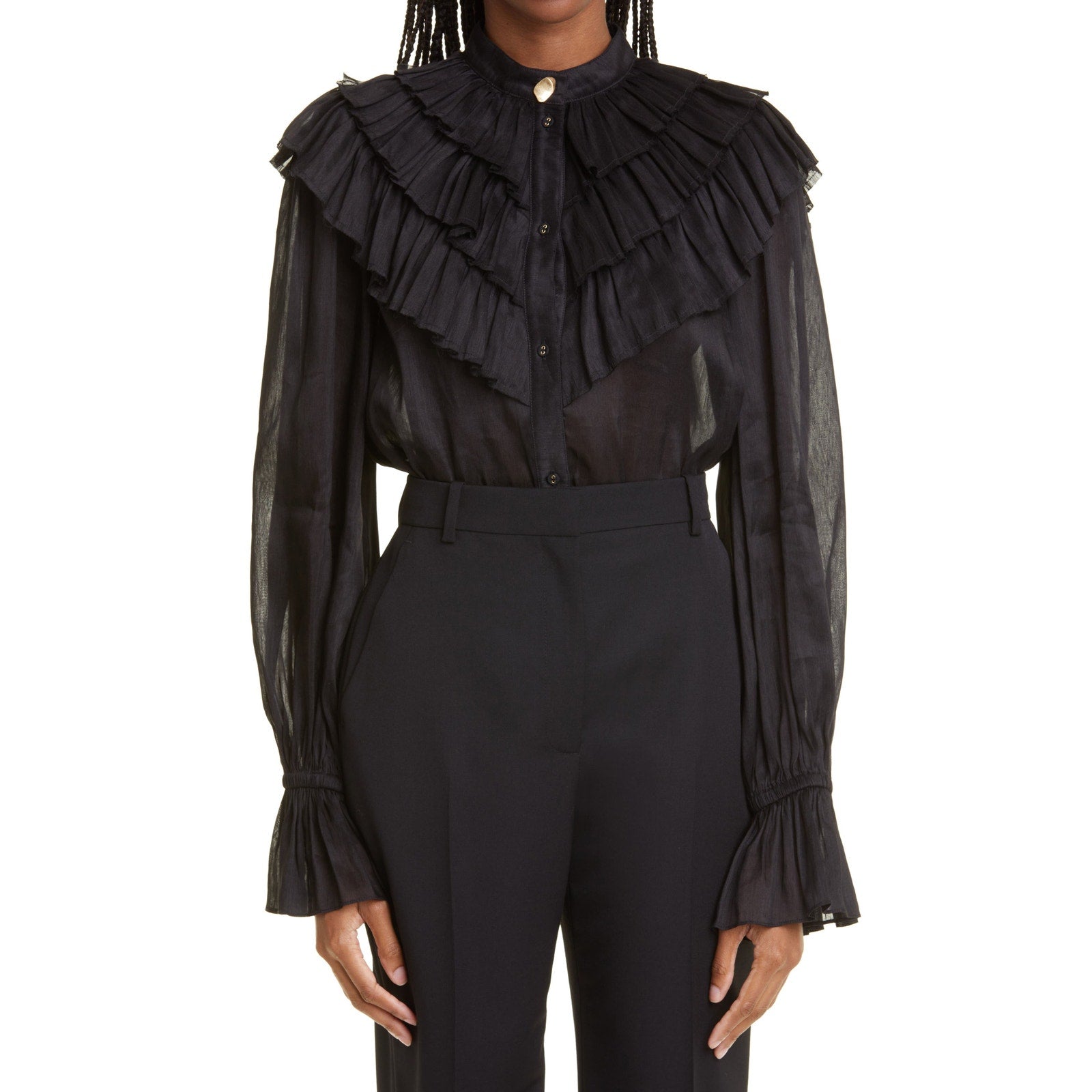 Aje 'Serene' Black Linen Ruffle Collar Linen & Silk Organza Button-Up Blouse Size 6