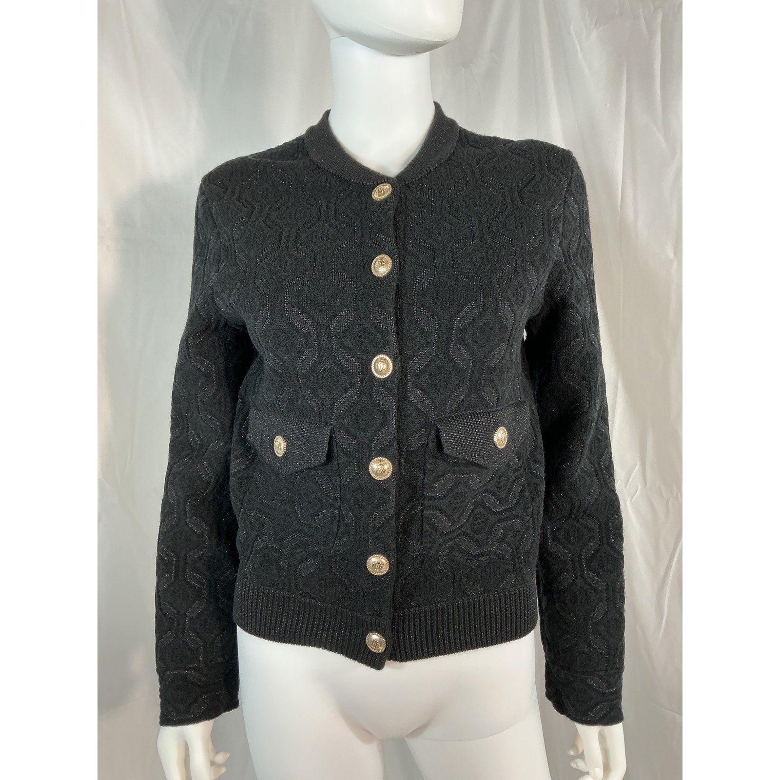 Maje 'Monserra' Black Mocknek Long Sleeve Patterned Cardigan Size S
