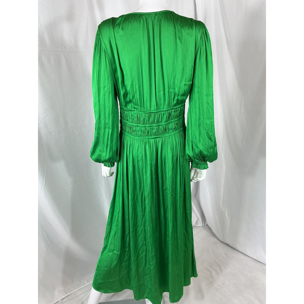 Maje 'Shirred' Green Polyester Satin-Crepe Midi Dress Size 42