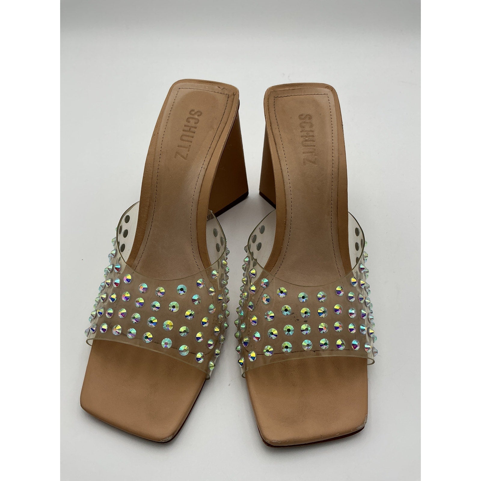 Schutz 'Lizah' Beige Leather Crystal Mule Size 10