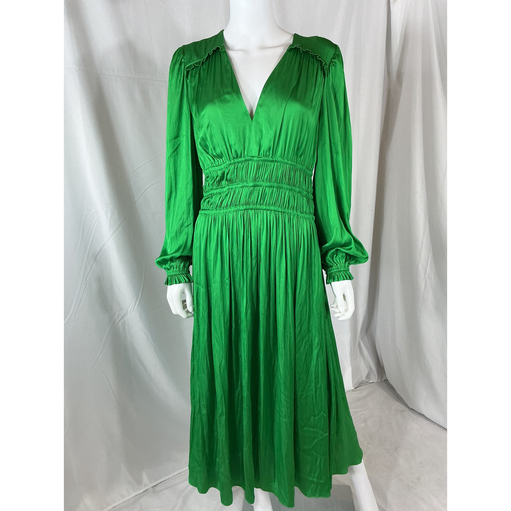Maje 'Shirred' Green Polyester Satin-Crepe Midi Dress Size 42