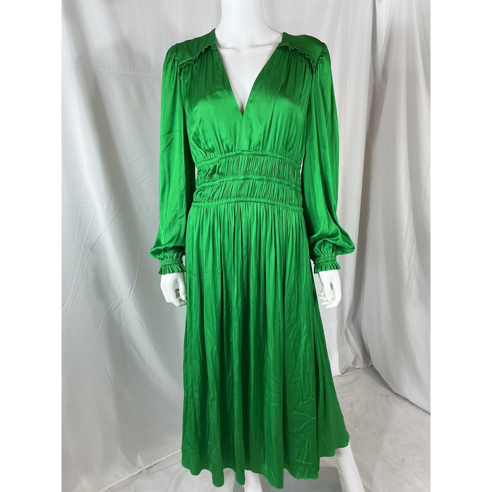 Maje 'Shirred' Green Polyester Satin-Crepe Midi Dress Size 42