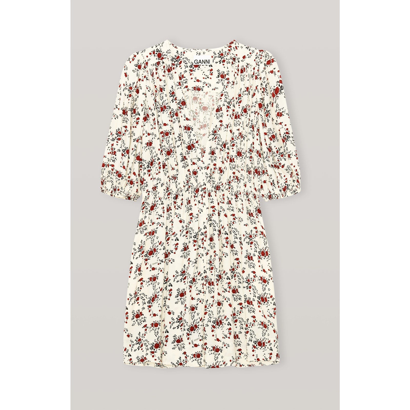 Ganni 'Printed' White Crepe Elbow Sleeve Mini Dress Size 36