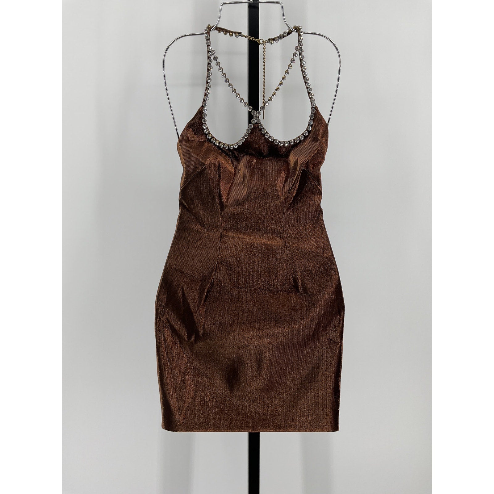 Area Crystal Heart Brown Cotton Halter Mini Dress Size XS - NWT