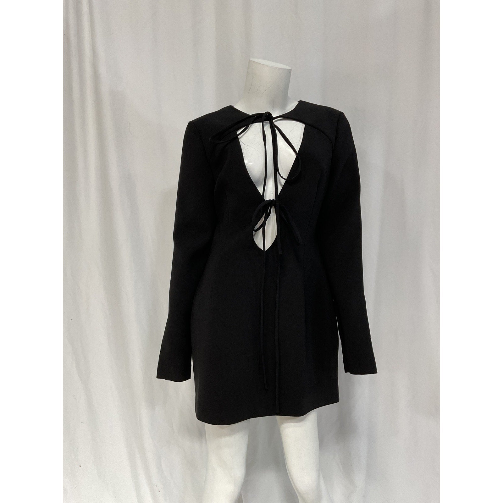 Ila . 'Mercury' Black Tie-Detailed V Neck Long Sleeve Mini Dress Size 8