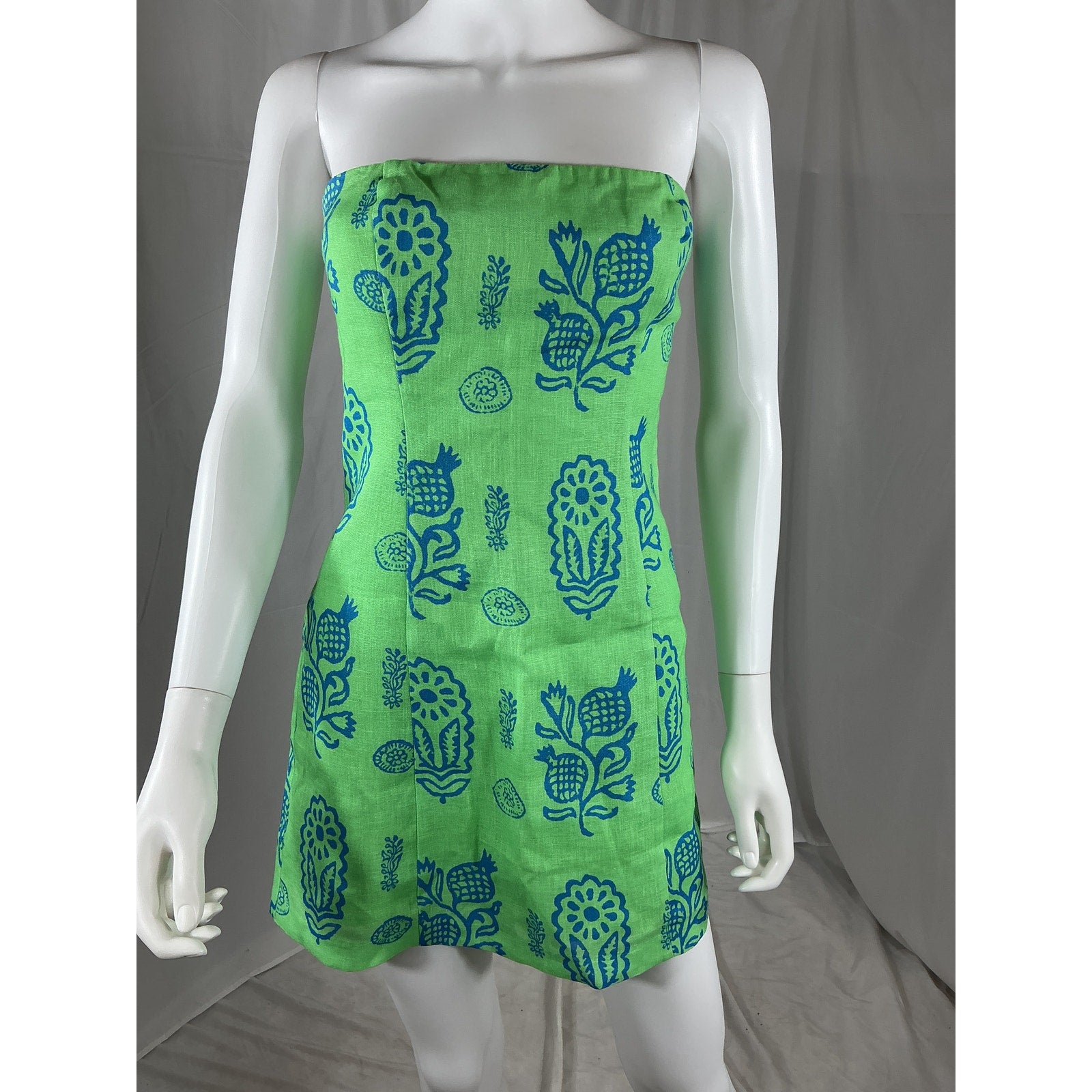 Rhode 'Giovanna' Green Linen Strapless Printed Linen Mini Dress Size 2