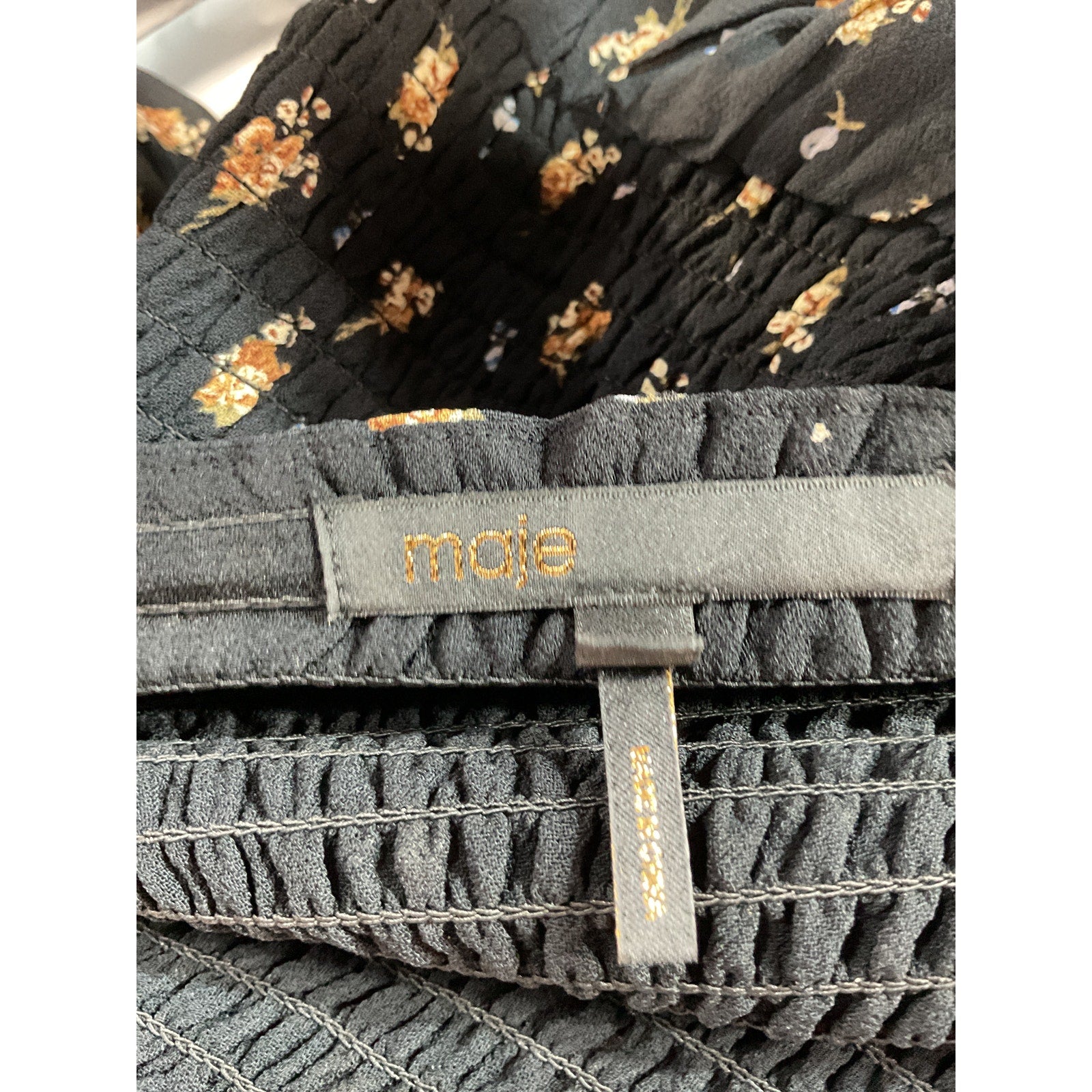 Maje 'Shirred' Black Floral-Print Crepe Mini Dress Size S